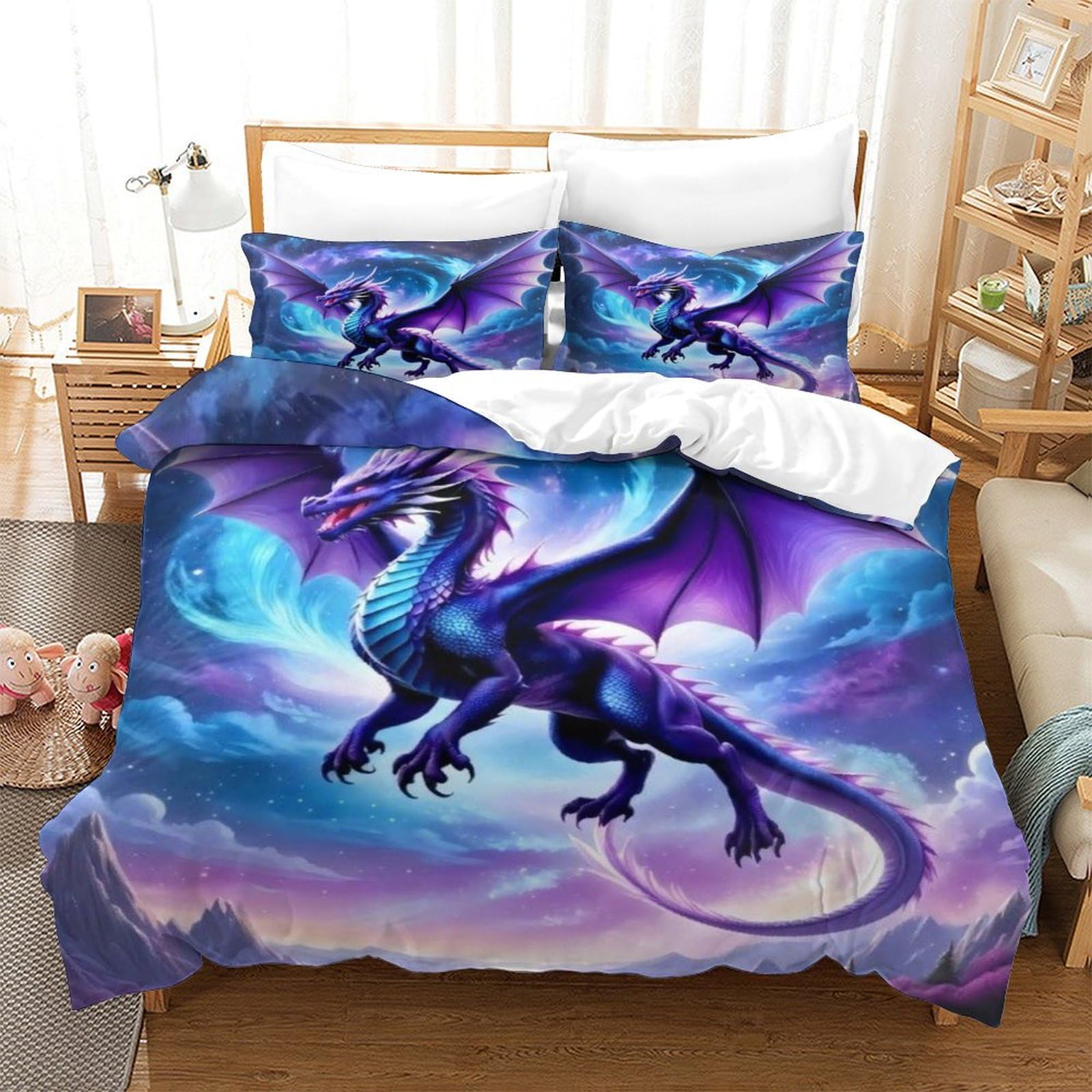 QPIRINMEX Flying Dragon Duvet Cover Set 3D Printed Bedding Quilt Purple Dragon Cover Set 3 Pieces Soft Microfiber Bedding Quilt Cover with Zipper Closure for Teens And Adults Single（140x200cm）