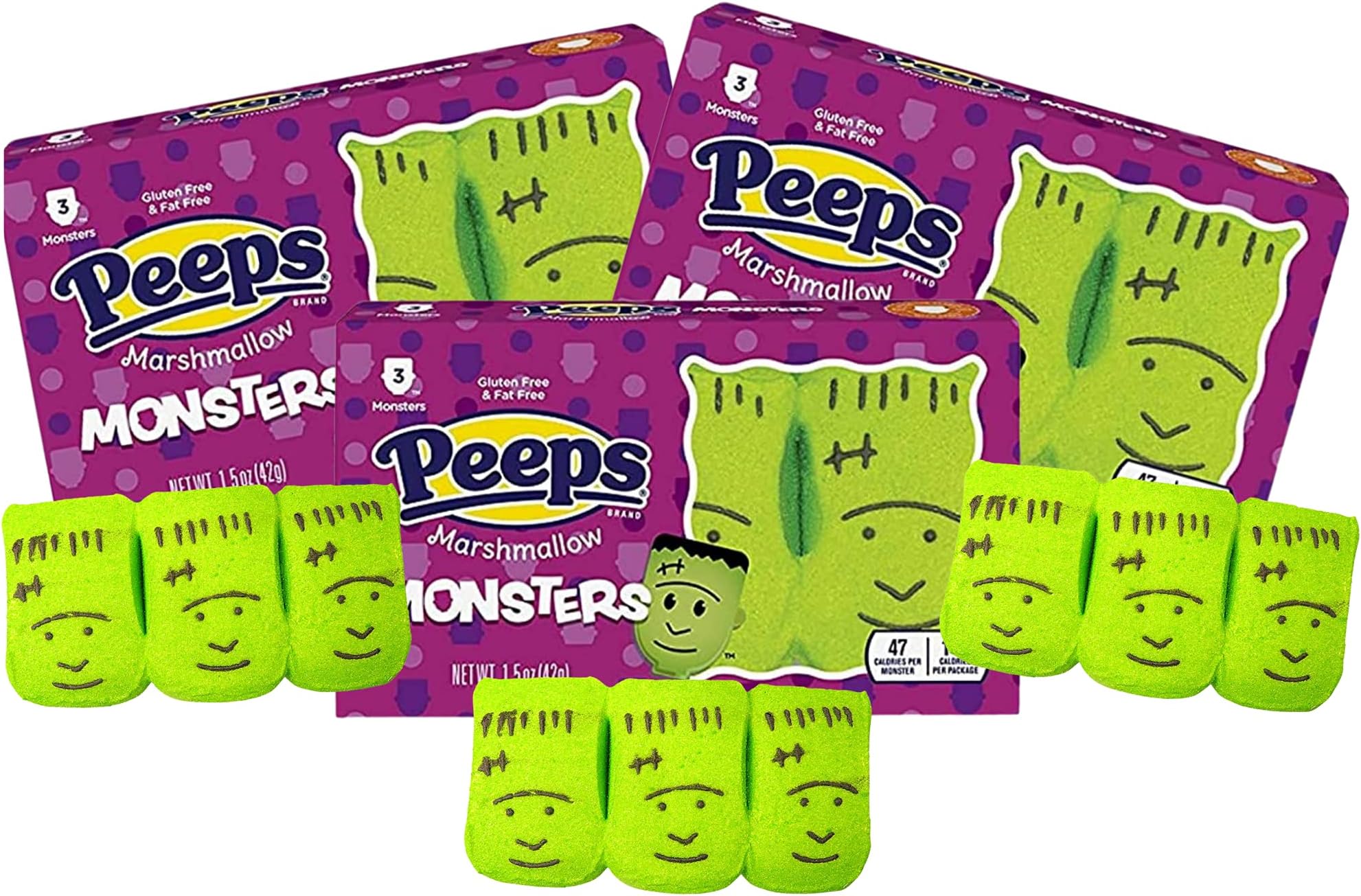 Needzo Peeps Marshmallow Candy Halloween Fun Shaped Peep Marshmallows, Green Frankenstein Monster Candies, 3 Count, Pack of 3
