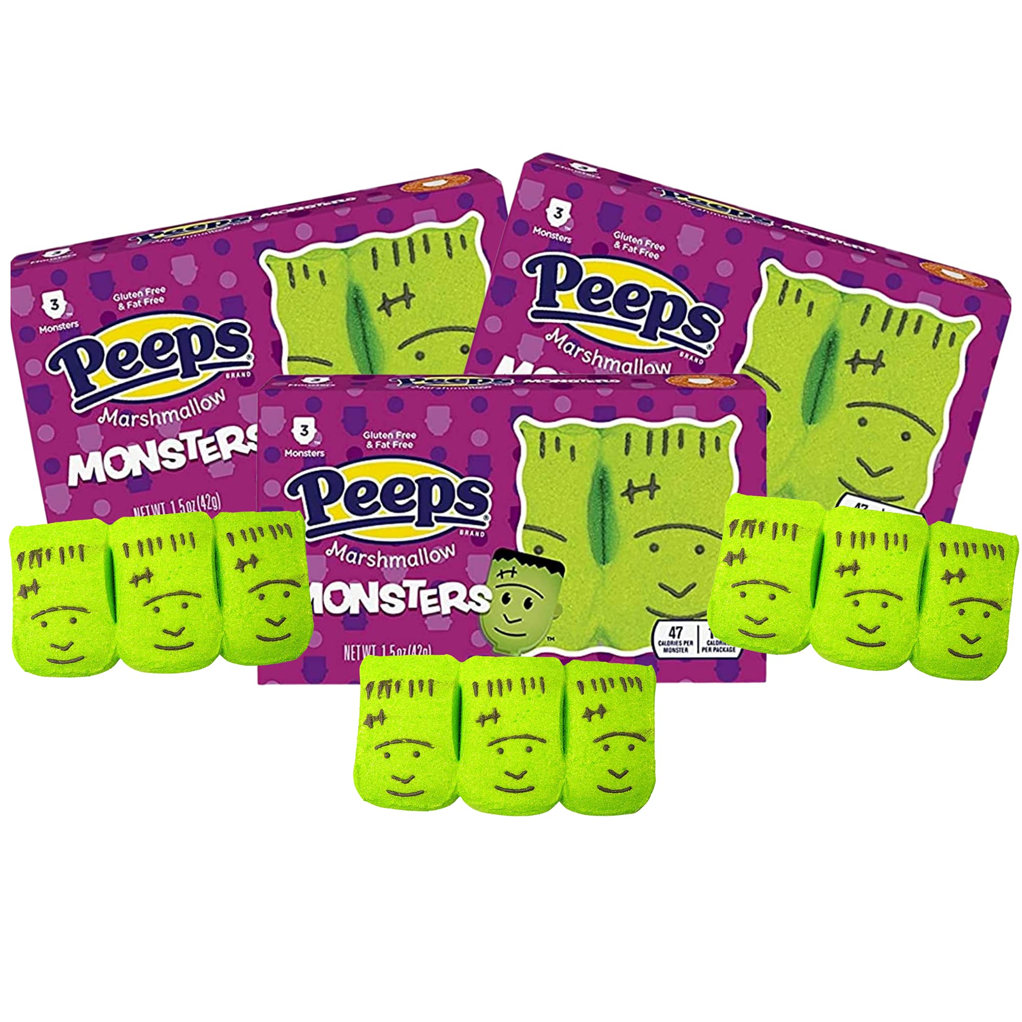 NeedzoPeeps Marshmallow Candy Halloween Fun Shaped Peep Marshmallows, Green Frankenstein Monster Candies, 3 Count (Pack of 3)