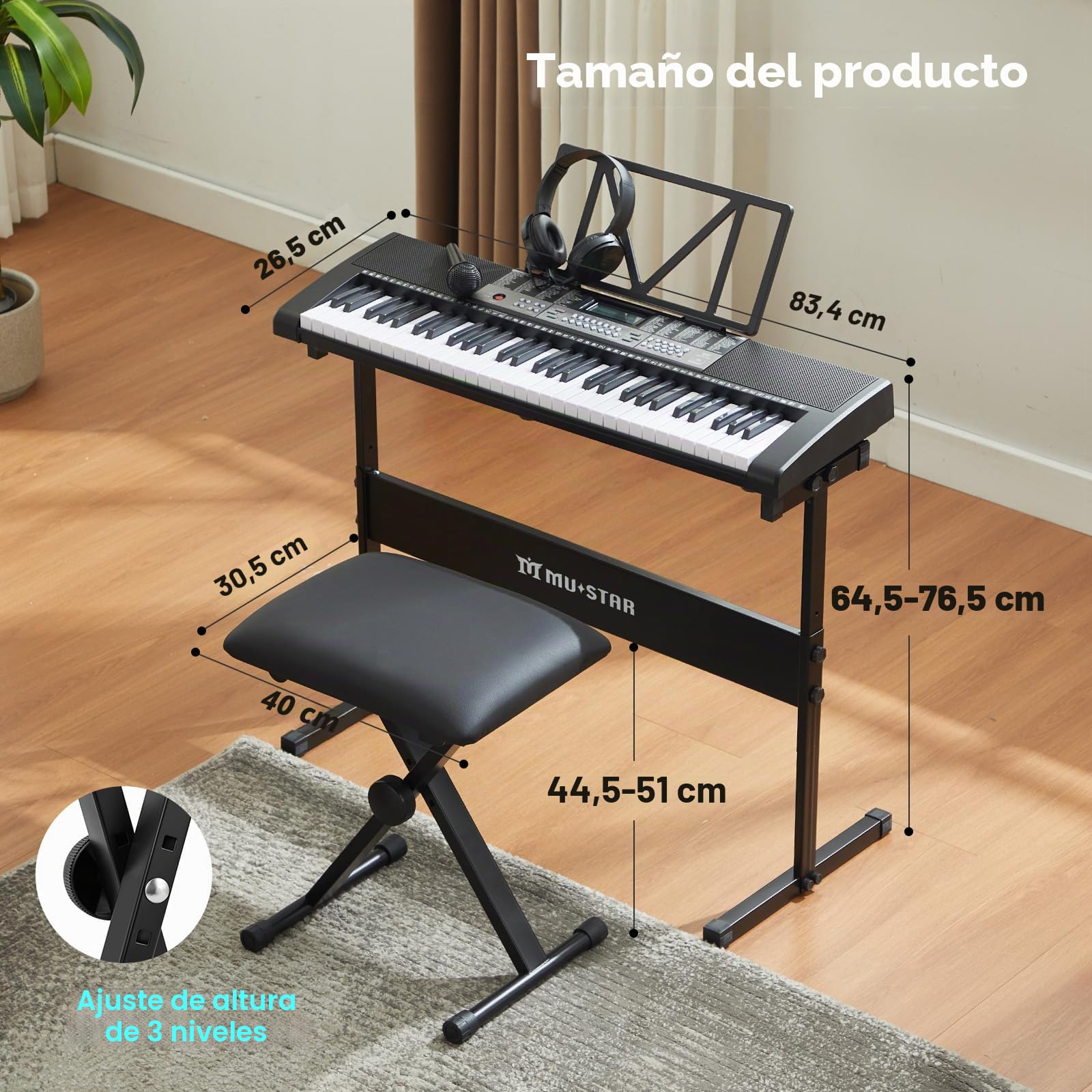 MUSTAR 61 Key Lighting Digital Piano con Función Táctil - Electrónico para Principiantes con Lecciones Inteligentes, Soporte, Taburete, Auriculares y Función USB