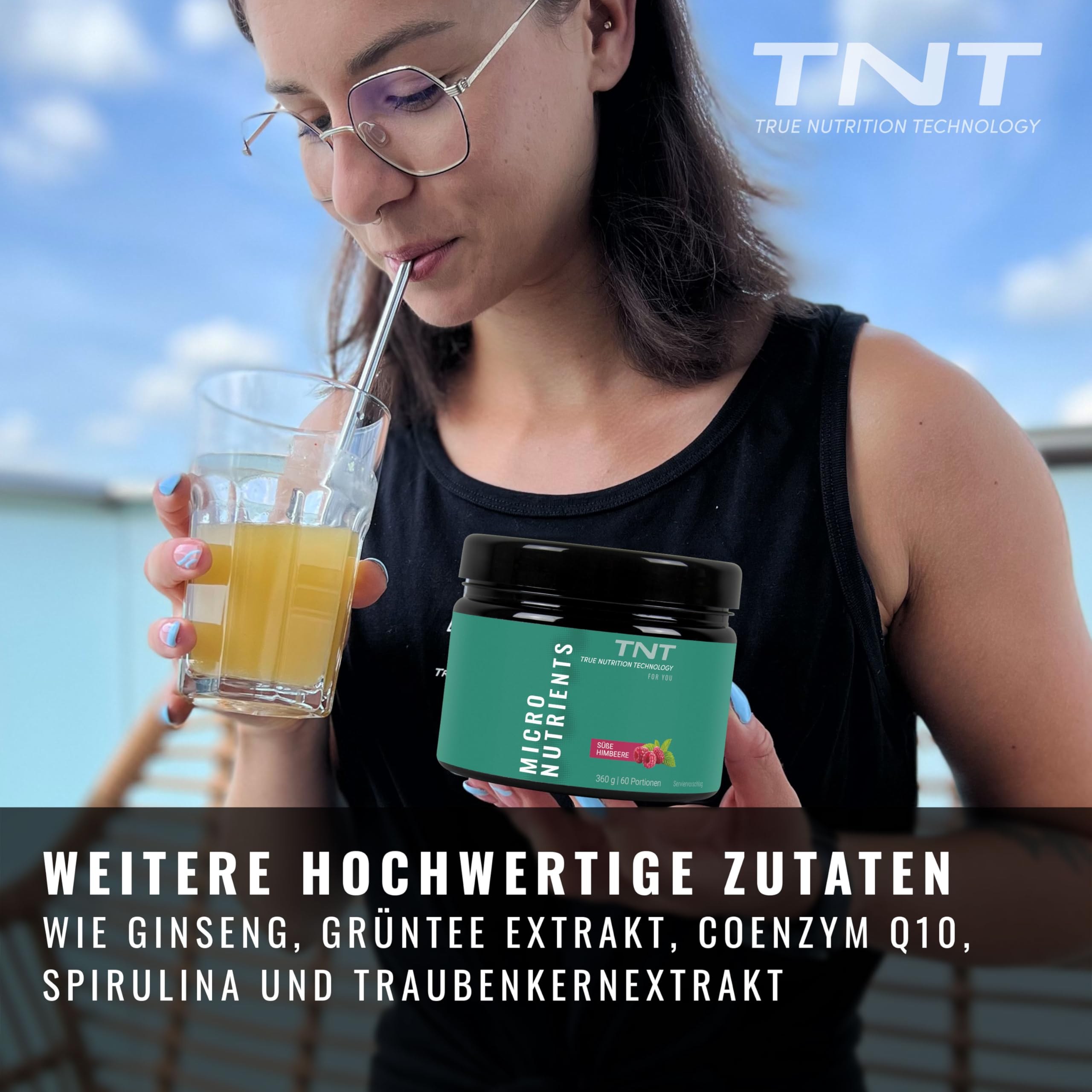 TNT Multivitamin Pulver mit 24 Vitaminen & Mineralien (360g) • Vitamin Komplex mit Grüntee Extrakt, Spirulina & Coenzym Q10 • Micronutrients (Süße Himbeere)