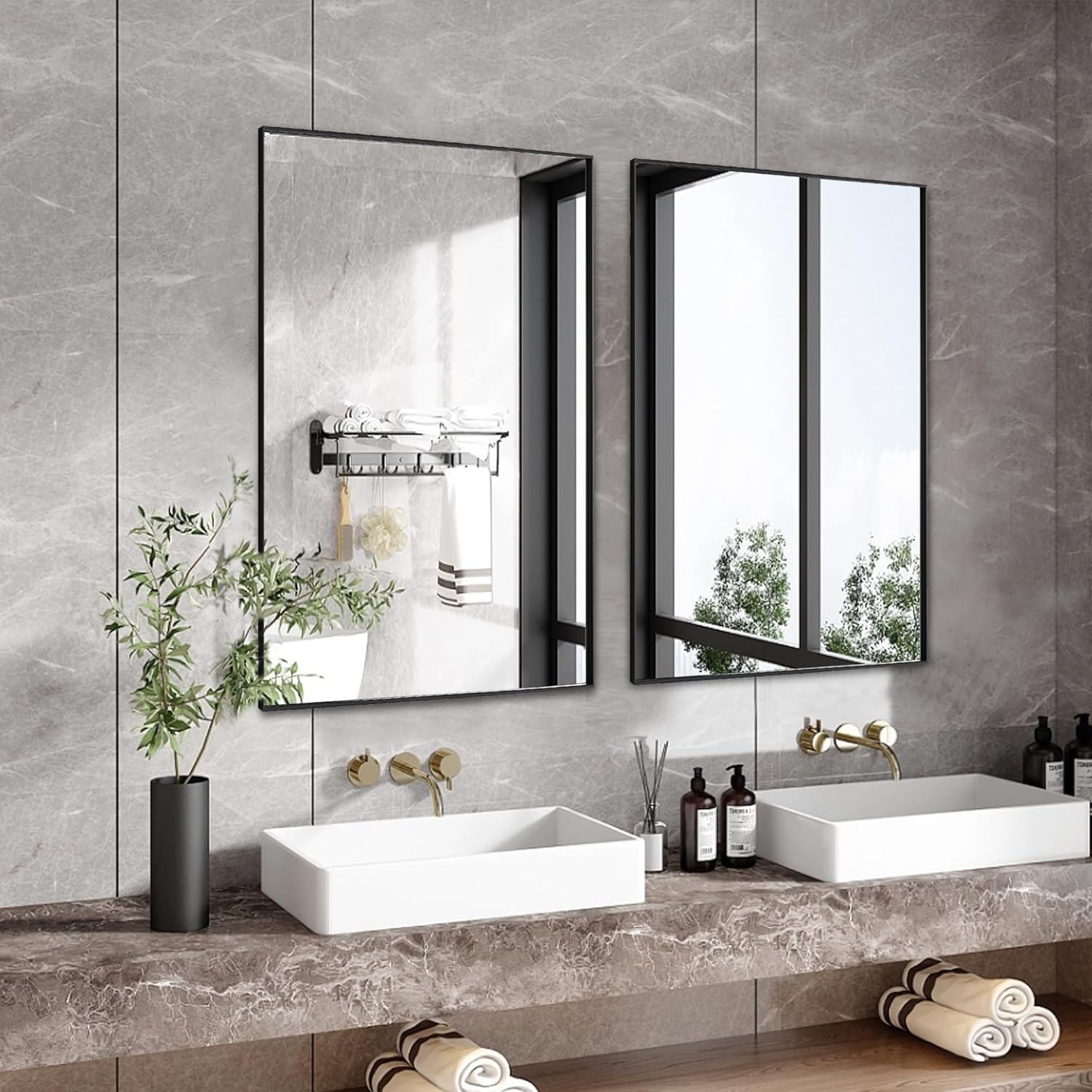 20x36 Inch Black Bathroom Mirror for Wall, Aluminum Frame Rectangle Rectangular Vanity Mirror, Modern Large for Bedroom, Living Room, Horizontal or Vertical