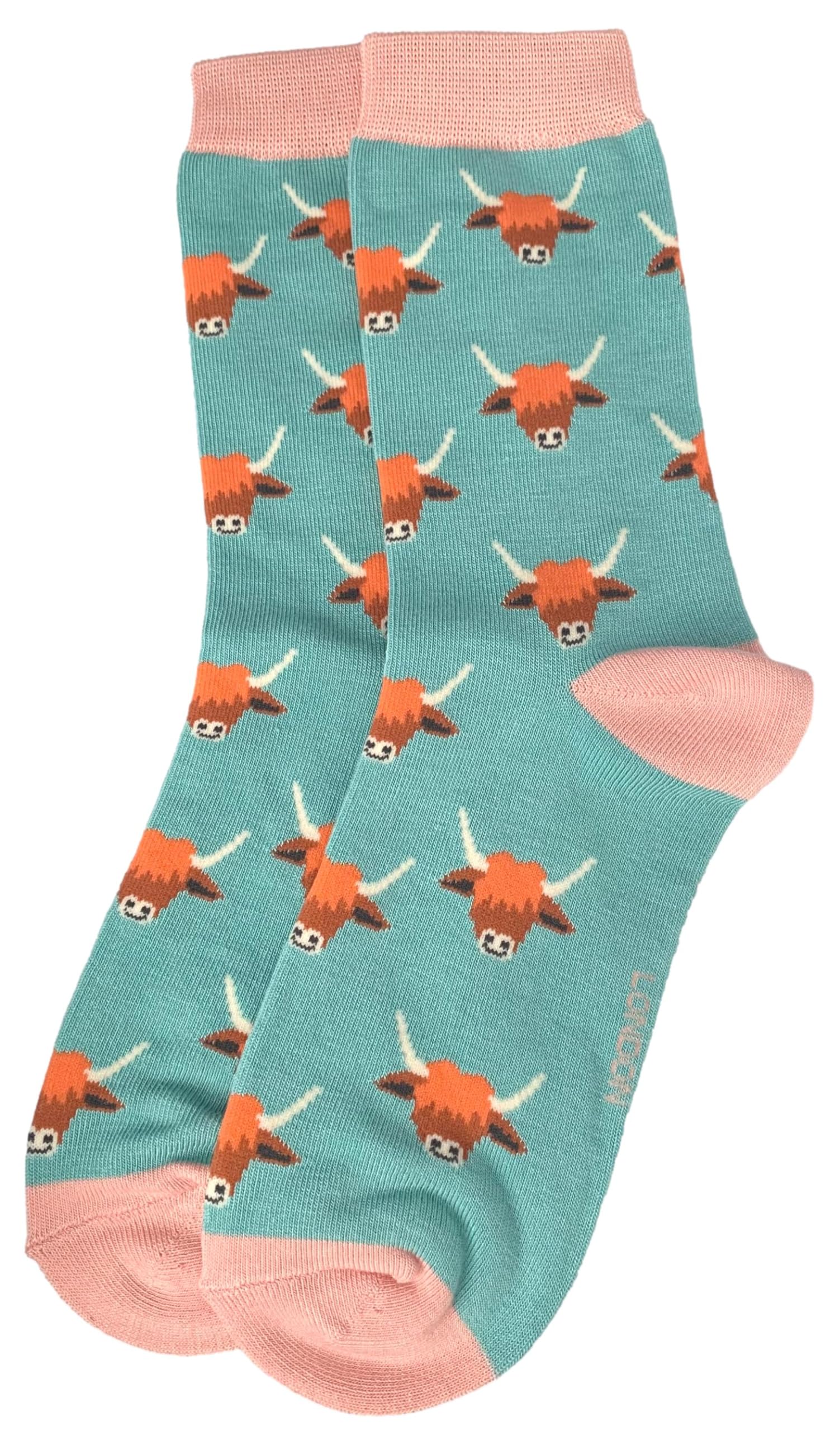 Purple Possum Women's Duck Egg, Aqua, Green, Duck Egg Blue, Duck Egg Green Purple Possum® Highland Cow Socks Cattle Cows Hairy Coos Duck Egg Blue Green Fun Novelty 1 Pair Size 4 To 7