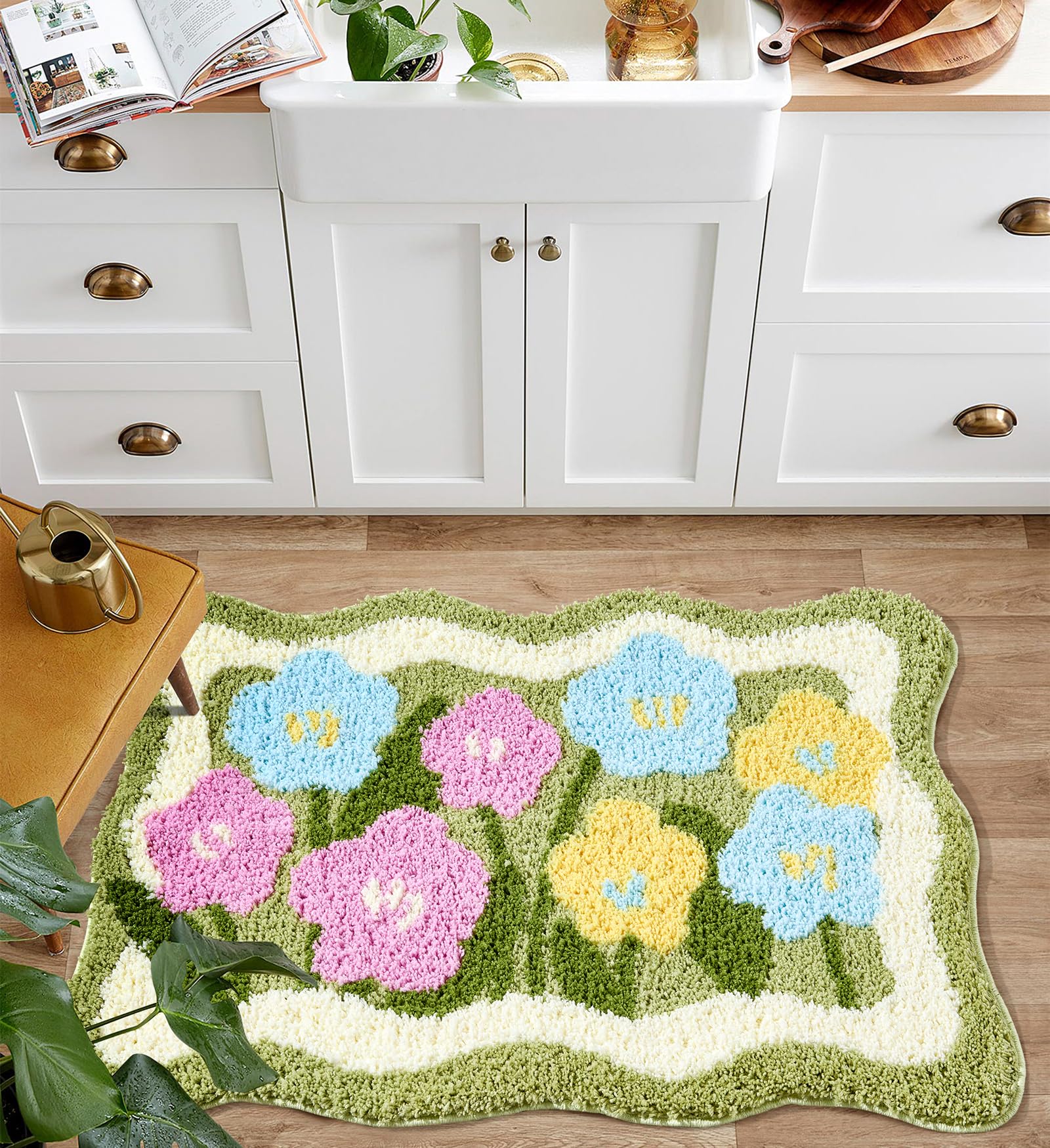 Aldopein Cute Daisy Flower Rug, Colorful Green Boho Floral Bathroom Rugs Non-Slip Kitchen Mat, Washable Aesthetic Trendy Funky Accent 2x3 Throw Carpet for Bedroom Entryway