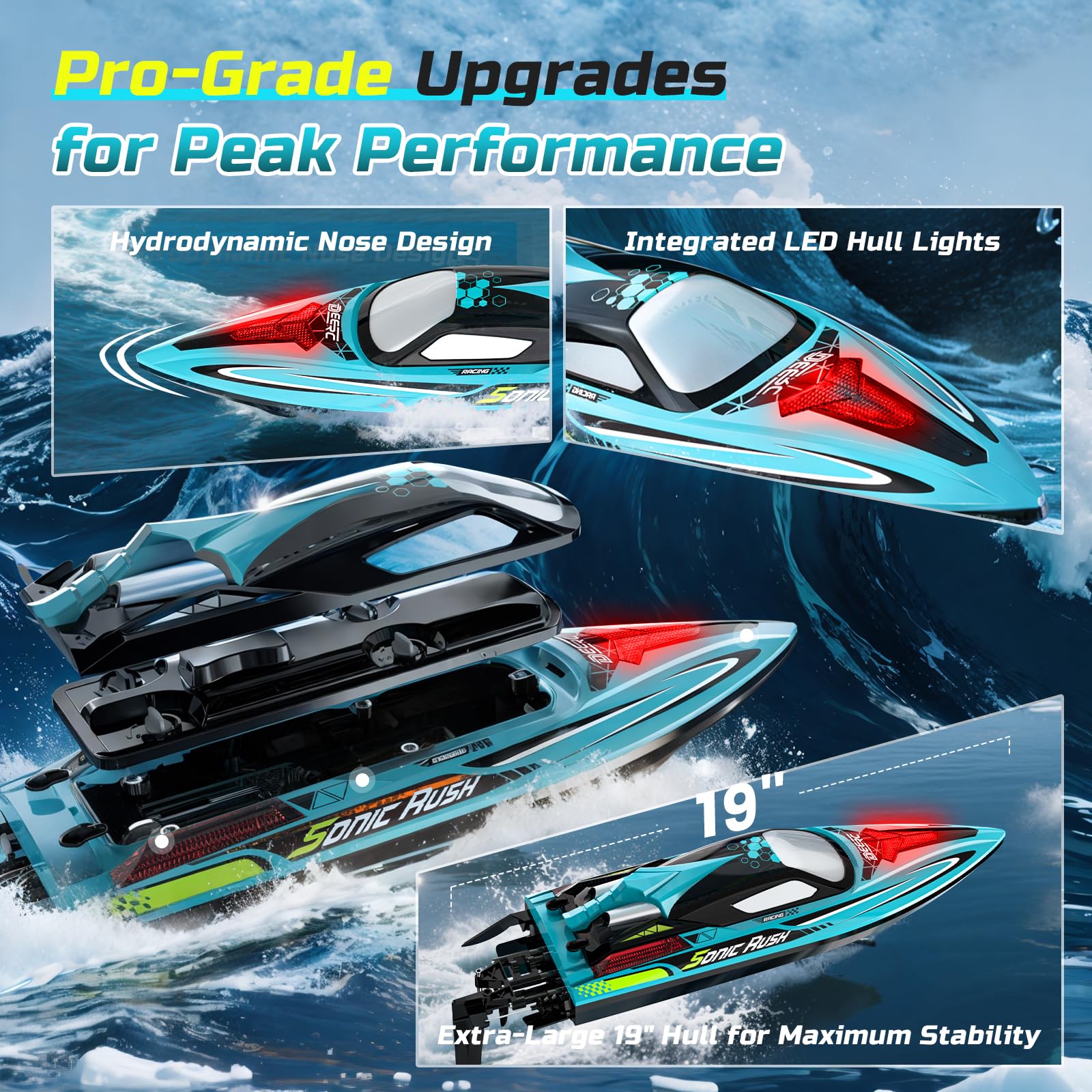 DEERC Brushless RC Boat for Adults, 34MPH Extra-Long 19" High Speed Remote Control Boats with 3S (11.1V) Battery, LED Lights, Self-Righting, 2.4GHz Racing Boat for Pool Lake, Gift Toy for Boys & Girls