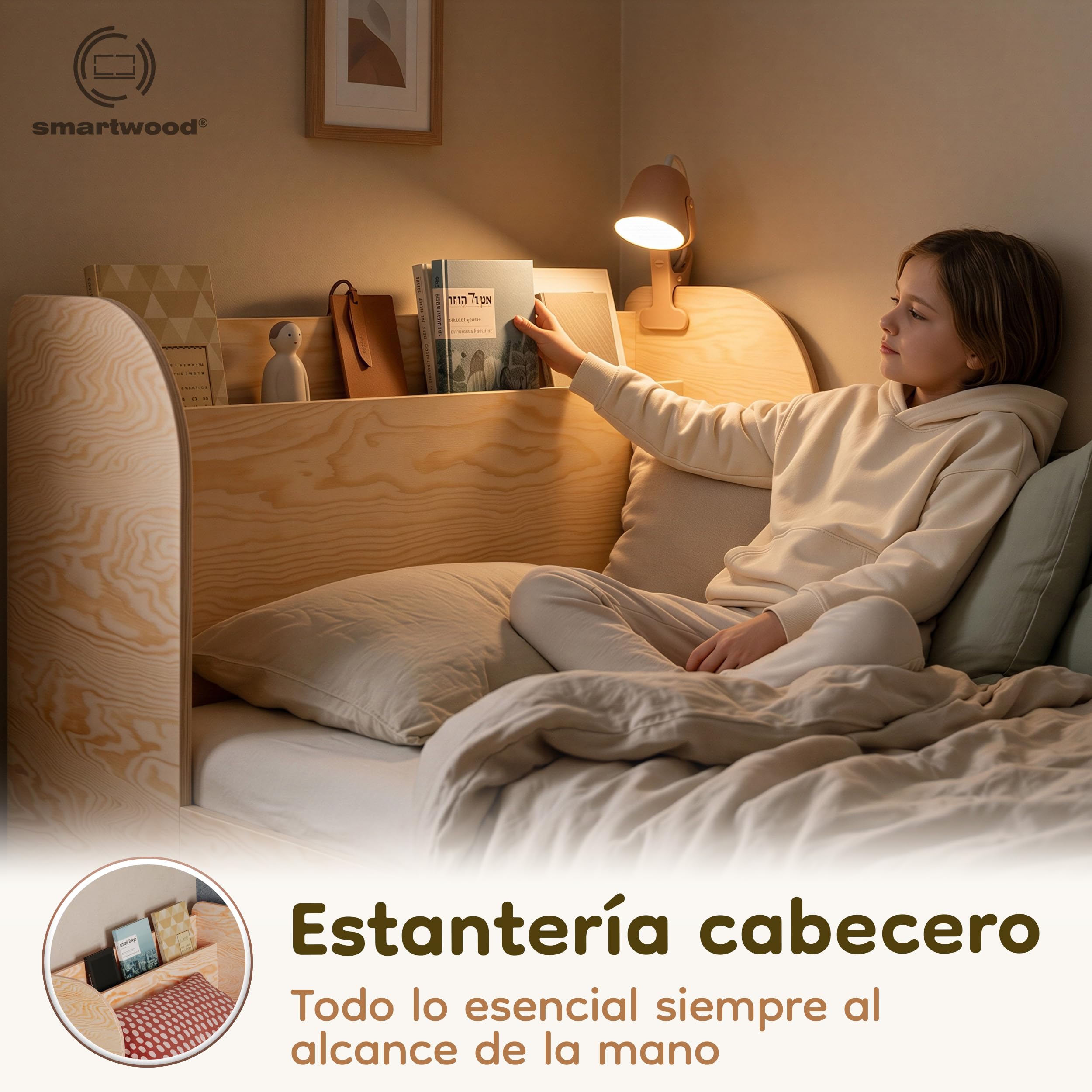 smartwood Cama Infantil 90x190 cm con Cajón, en Madera de Pino, Flou D | incl. Cajón, Cabecero con Estante, Somier hasta 230 kg, en Madera de Pino FSC, Cama Juvenil para Niñas & Niños desde 3 años