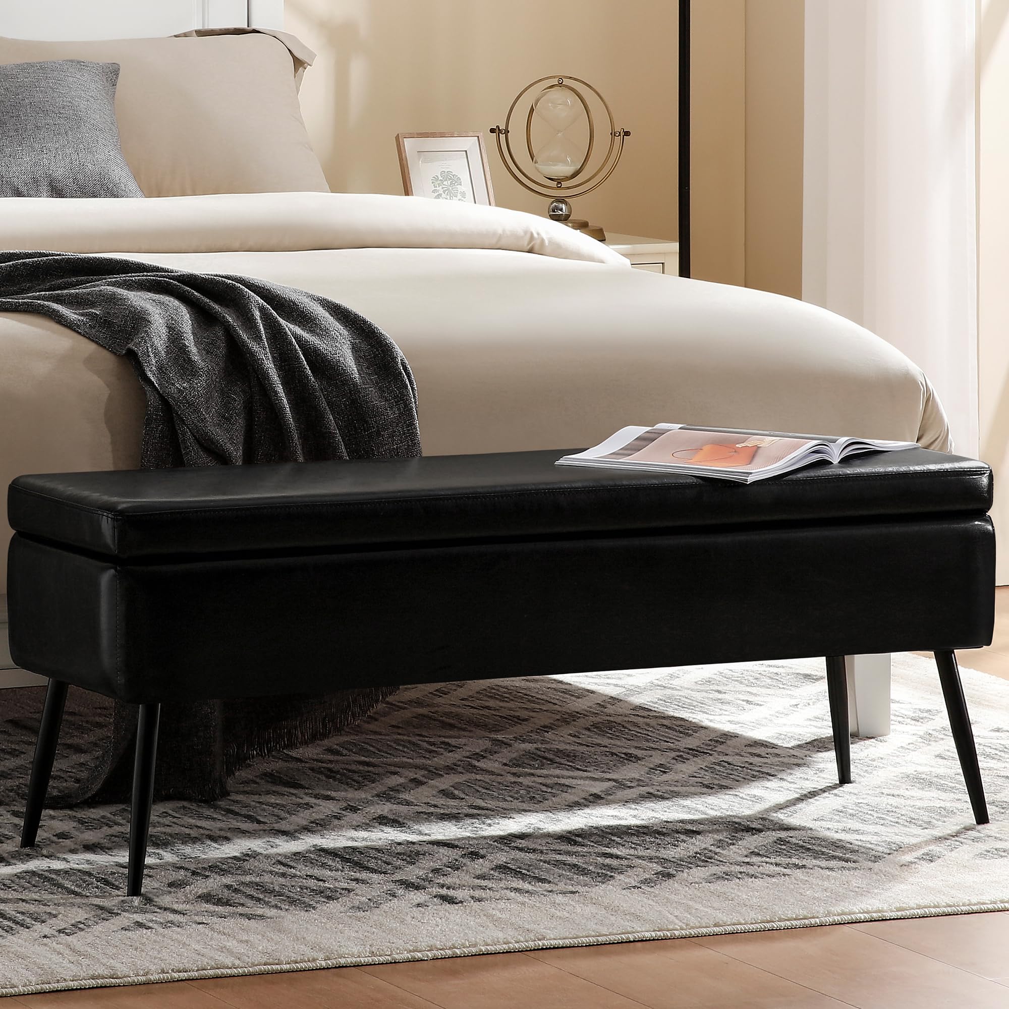 Leather Storage Ottoman Bench,End of Bed Bench for Living Room Bedroom Dinning Room Entryway,Mid-Century Modern, with Steel Legs,Safety Hinges, Loads 660 lb (Without Button, Black)