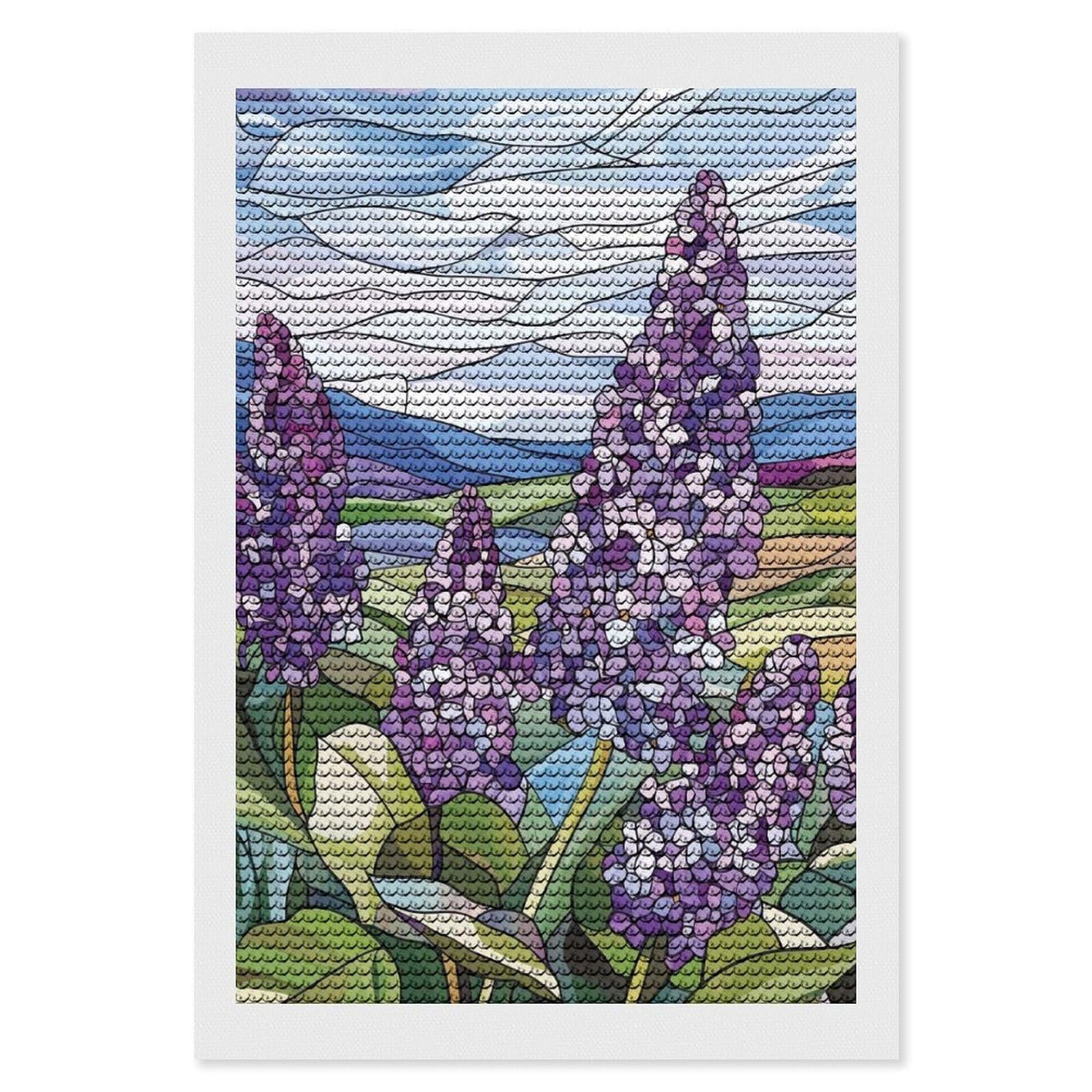 Junmoney Lilac Flowers in Stained Glass Round Drill Diamond Painting 8"x12", for Adults, Creative Leisure Activity, Office Decor, Holiday Gift Idea