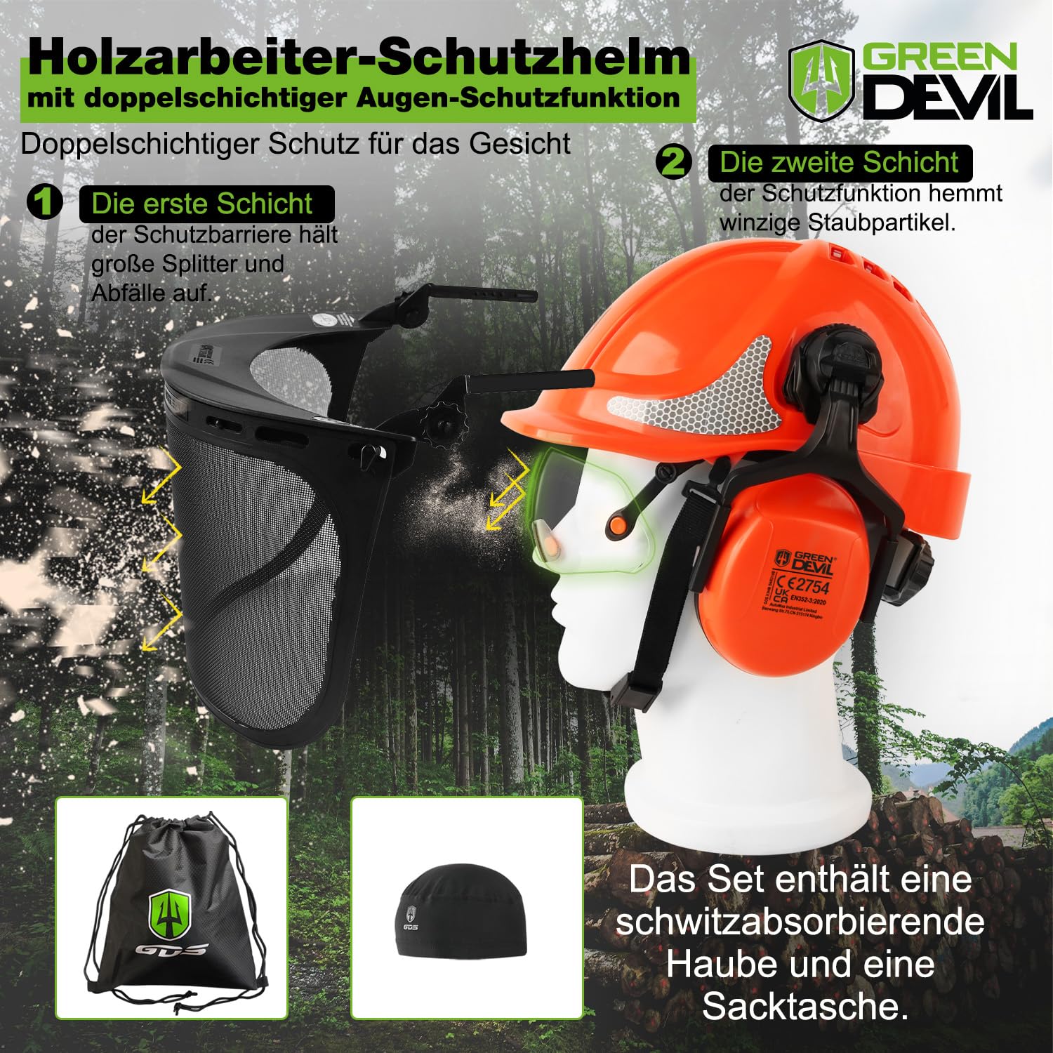 GREEN DEVIL 2910VR Casque de protection pour tronçonneuse EN397 Casque de sécurité double protection des yeux 4 en 1 résistant aux chocs Casque de travail confortable