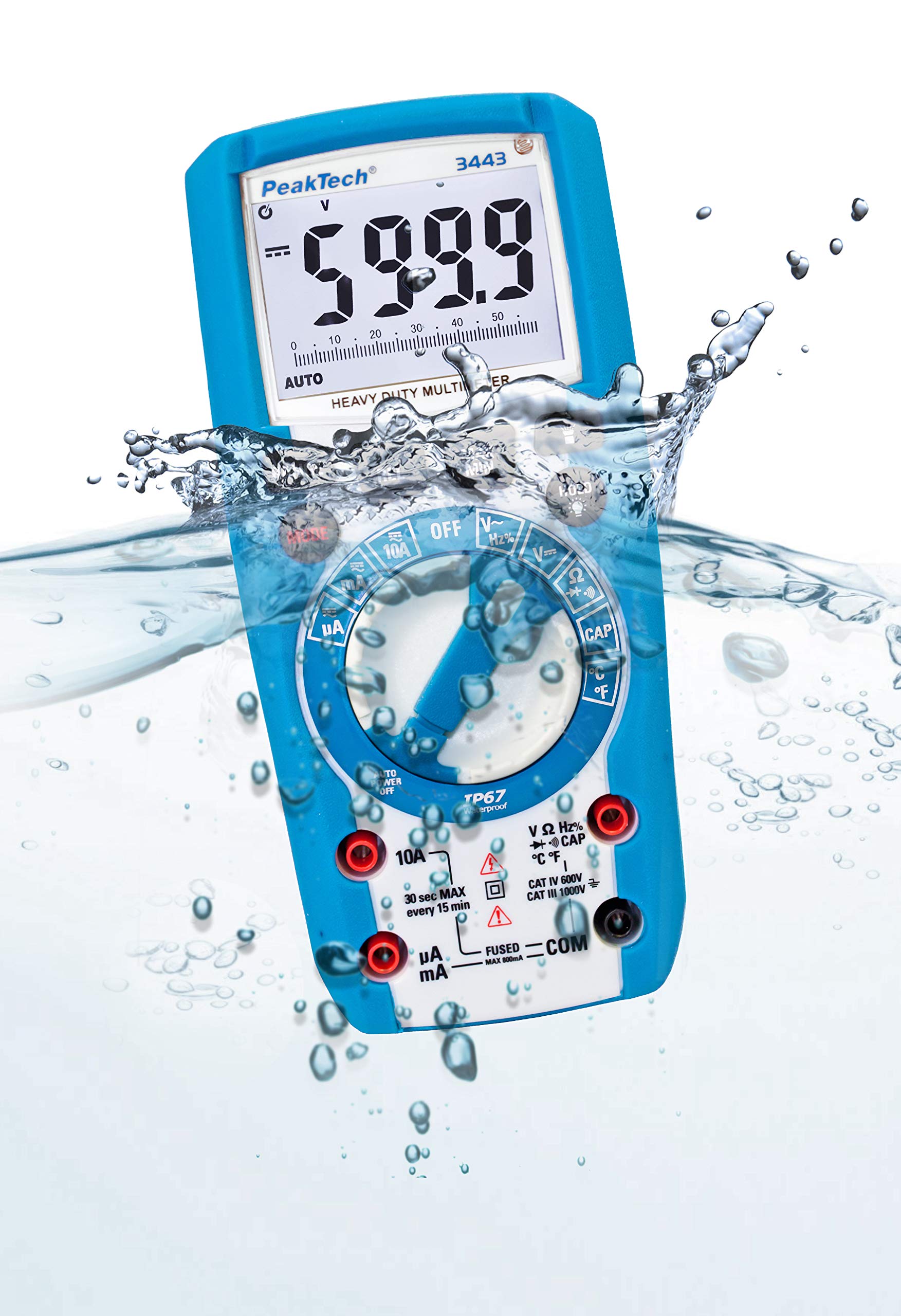 PeakTech 3443 – Multimetro digitale con illuminazione a LED, Impermeabile (IP67), 6000 conteggi, Custodia estremamente robusta, Multimetro tascabile, Voltmetro, Tester di continuità - CAT III 1000V