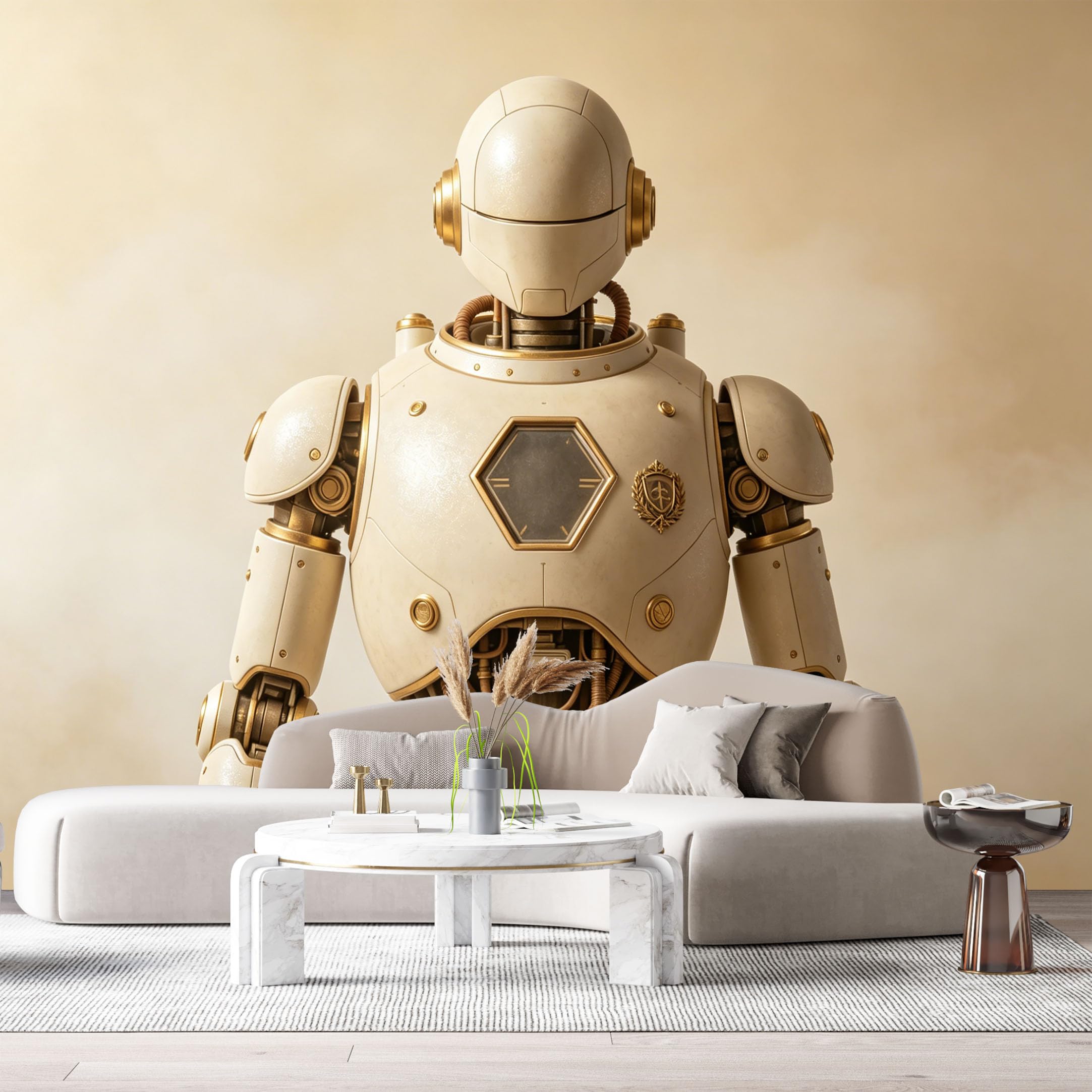 Custom Size Wall Mural Retro Futuristic Humanoid Mech Steampunk Robot Textured Metal SciFi Design SelfAdhesive Art Prints Removable Large Wallpaper Esports Room Game Room Tenant Room Studio