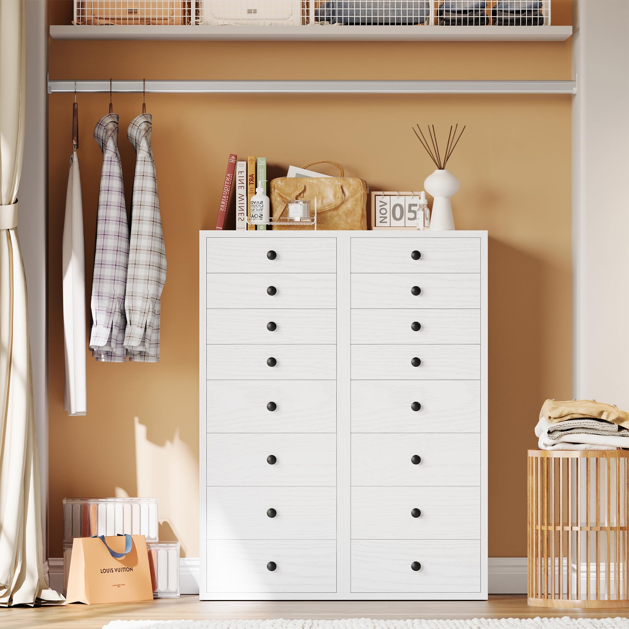 LIKIMIO 8 Drawer Dresser, Small Dressers with Storage Drawers, Chest of Drawers for Bedroom, Tall Narrow Dresser for Organizers, White