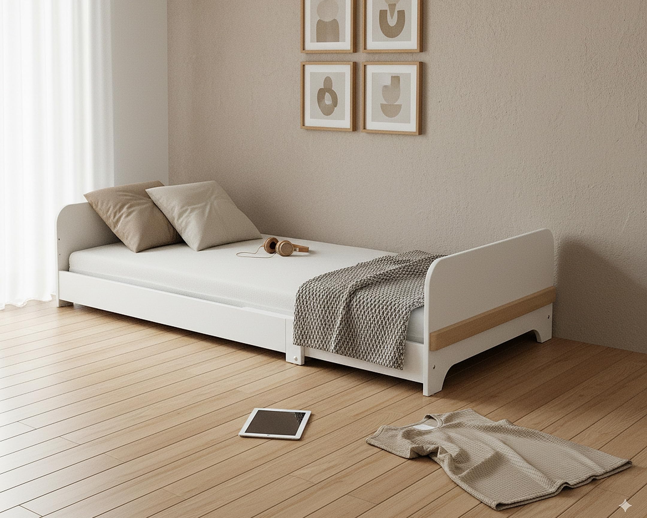 Lit au Sol Enfant Extensible en Bois 80x140-165-190 CARROUSEL avec Matelas - Blanc