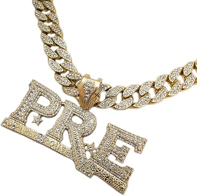 Hip Hop Jewelry Gold Plated Large PRE Pendant & 15mm 18" Full Iced Cuban Choker Chain Necklace Set