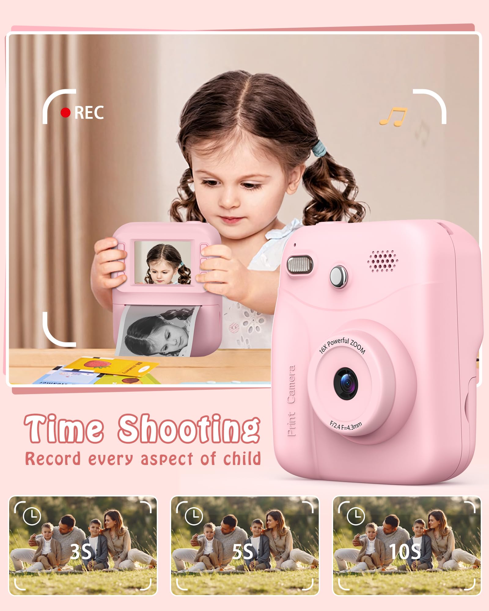 Macchina Fotografica Bambini, Schermo 2.4 HD Pollici e, Scheda da 32 GB e 3 Rotoli di Carta Fotografica, 1080P Macchina Fotografica Istantanea, Adatto Bambini dai 3 ai 12 Anni (Rosa)