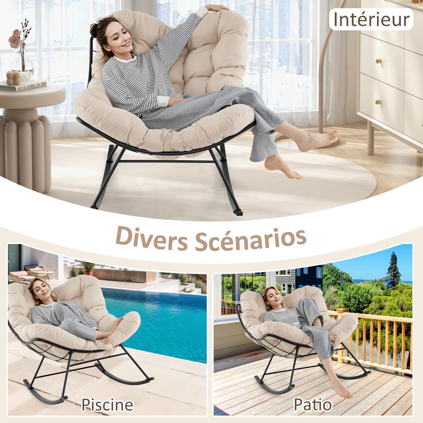 COSTWAY Fauteuil a Bascule d'Intérieur et d'Extérieur, Chaise Papasan Surdimensionnée avec Coussin Rembourré, Cadre en Métal, Fauteuil Œuf pour Salon, Patio, Capacité 205 kg (Beige)
