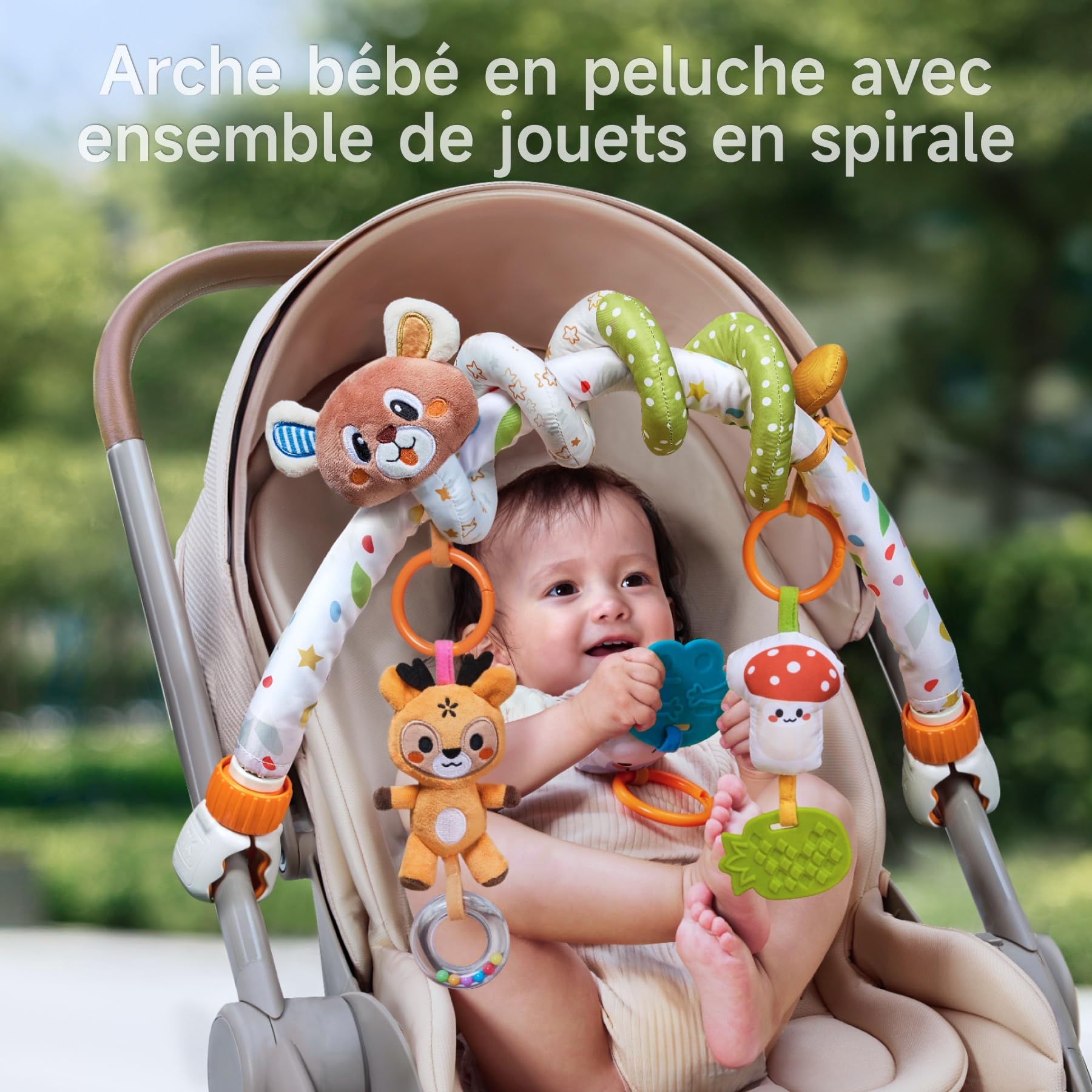 TUMAMA Arche Poussette avec Jouet Spiral 0 3 6 9 12 18 Mois Arche d'activités Bébé Siège Auto Clip Arche d'Éveil Hochet 3 Animeaux Sensoriel Cadeau Nouveau-né