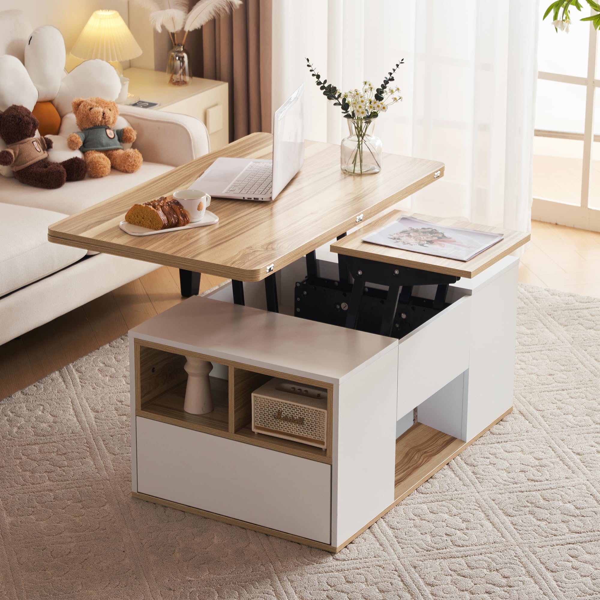 Merax Lift Up Coffee Table with 3 Drawers, Coffee Table with Storage Lift-Top, Extendable Sofa End Tea Tables for Home Living Room/Office, White & Oak, 100x51x47 cm