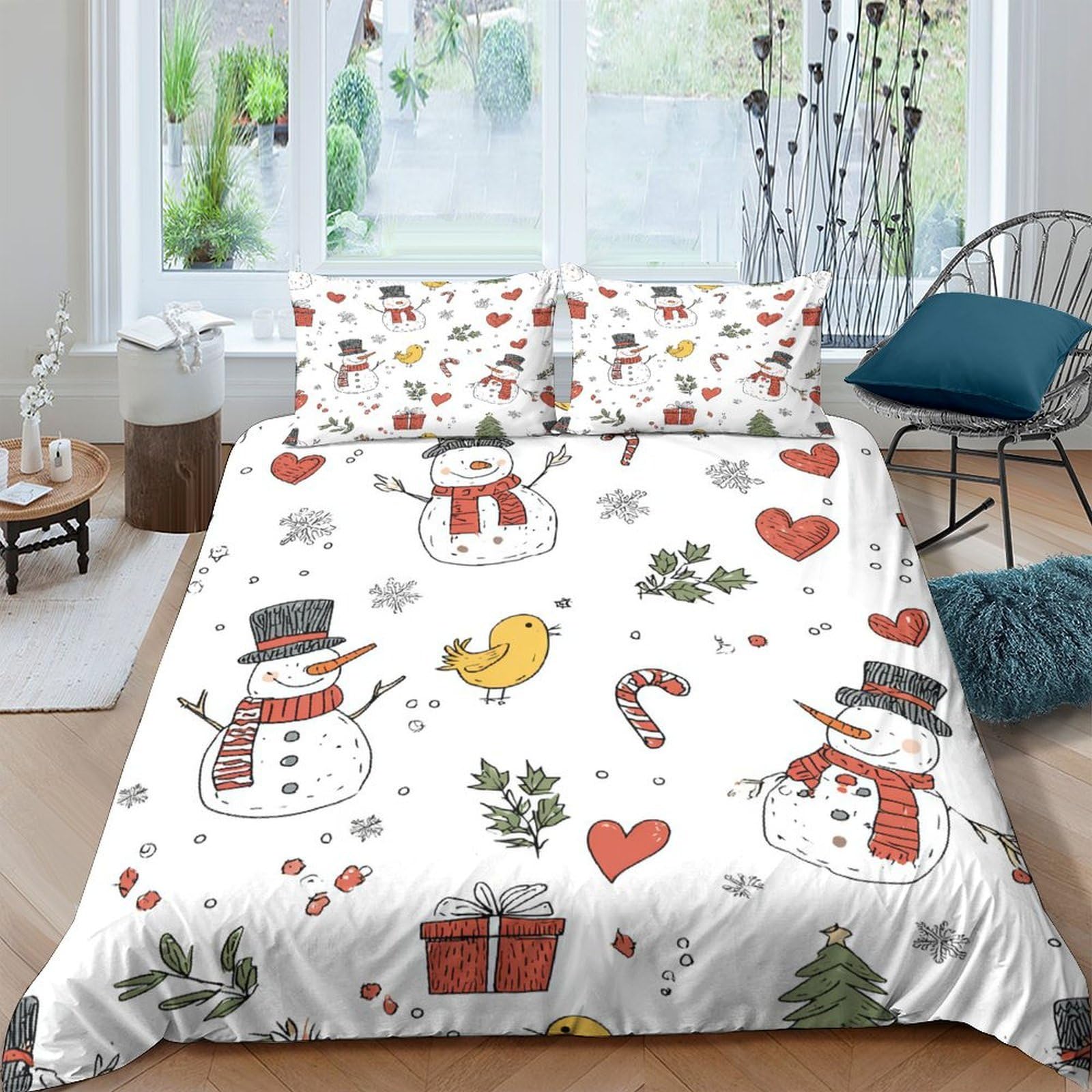 GPLZQXKJNH 3D Printed Snowman Christmas Duvet Cover Microfiber Soft Festive Bedding Set with 2 Pillowcases for Bedroom Decor Single（135x200cm）