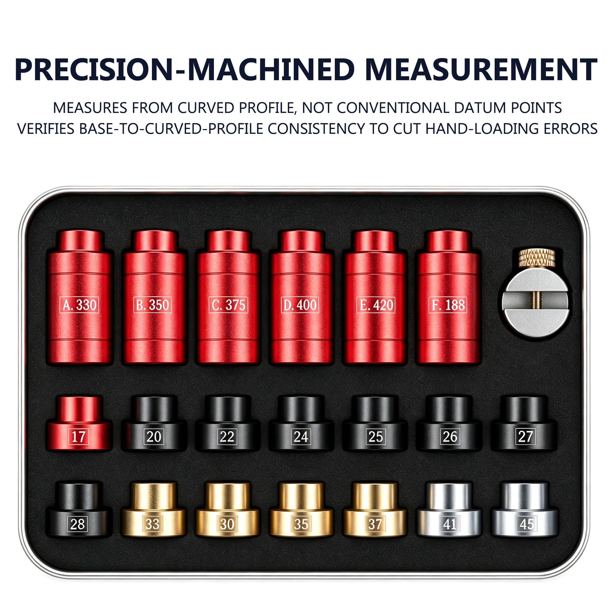 Kit comparador de calibre de espacio de cabeza con 14 insertos y 6 bujes, suministros y equipos de recarga, herramienta de calibre de recarga de precisión con caja de estaño, para calibre de 0.17 a