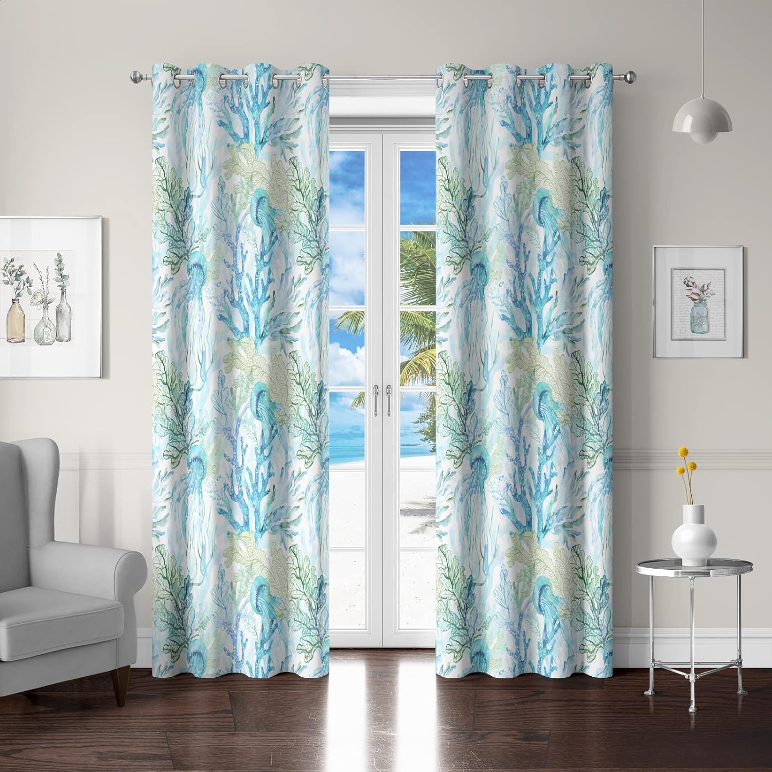 Teal Coral and Jellyfish Curtains Ocean Themed Watercolor