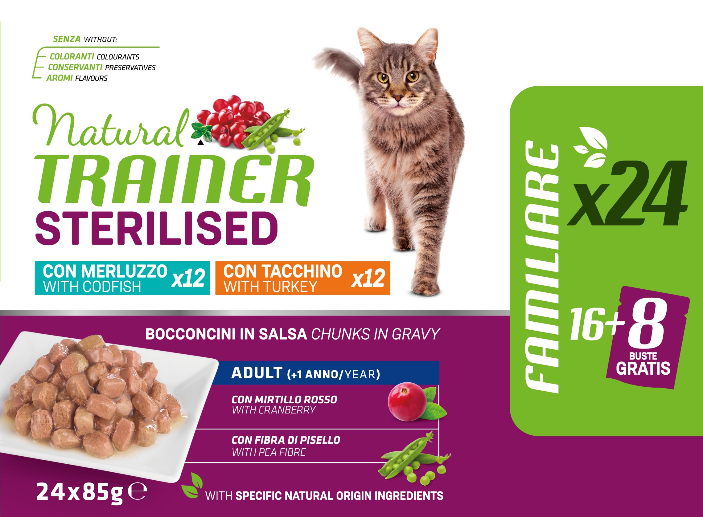 Natural Trainer Cibo Umido per Gatti Adulti Sterilizzati, Multipack Tacchino e Merluzzo, 24 x 85 g