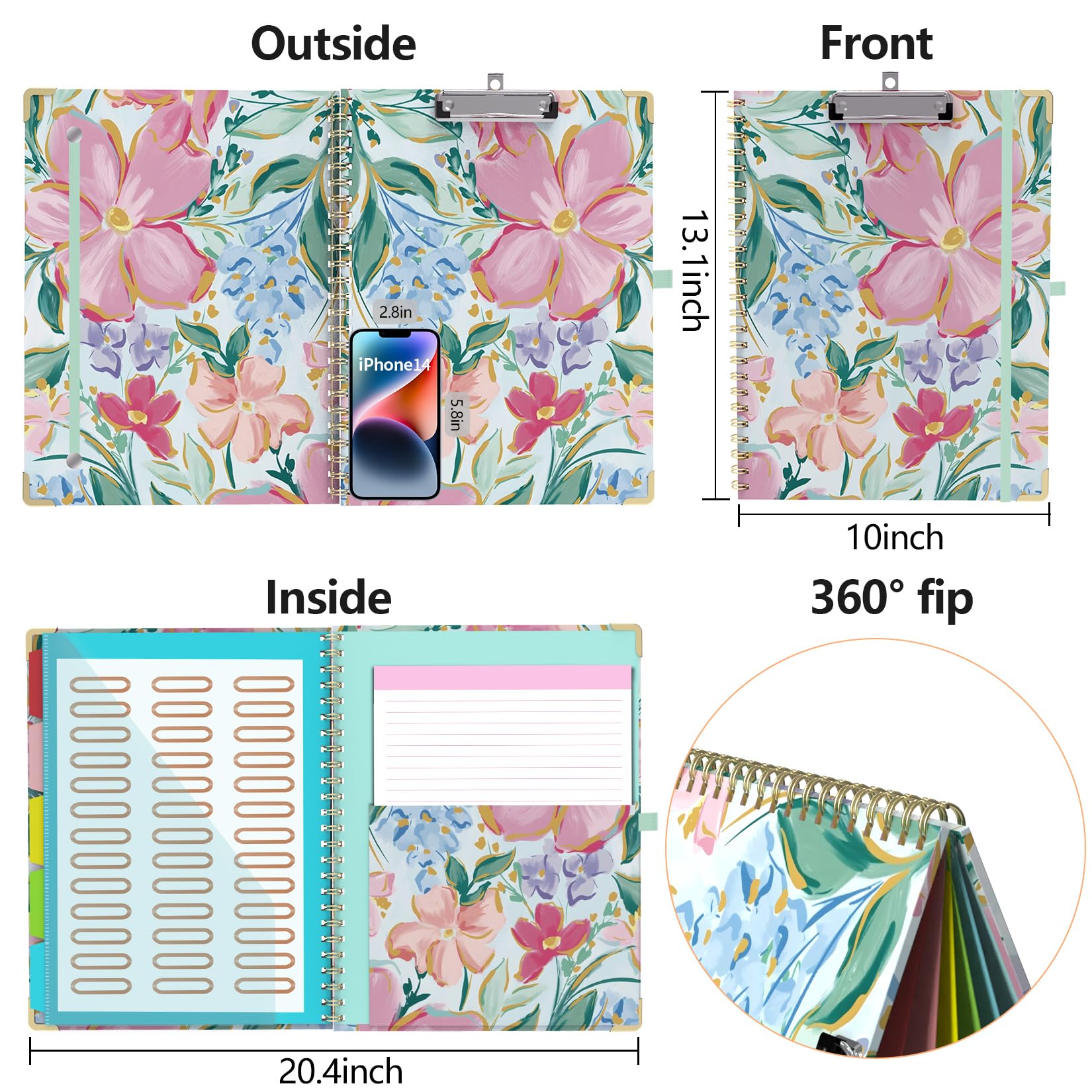Porte-bloc avec rangement 21,6 x 27,9 cm, bloc-notes à spirale avec 10 poches et 5 dossiers, essentiels pour enseignants infirmiers, écoles (rose floral)