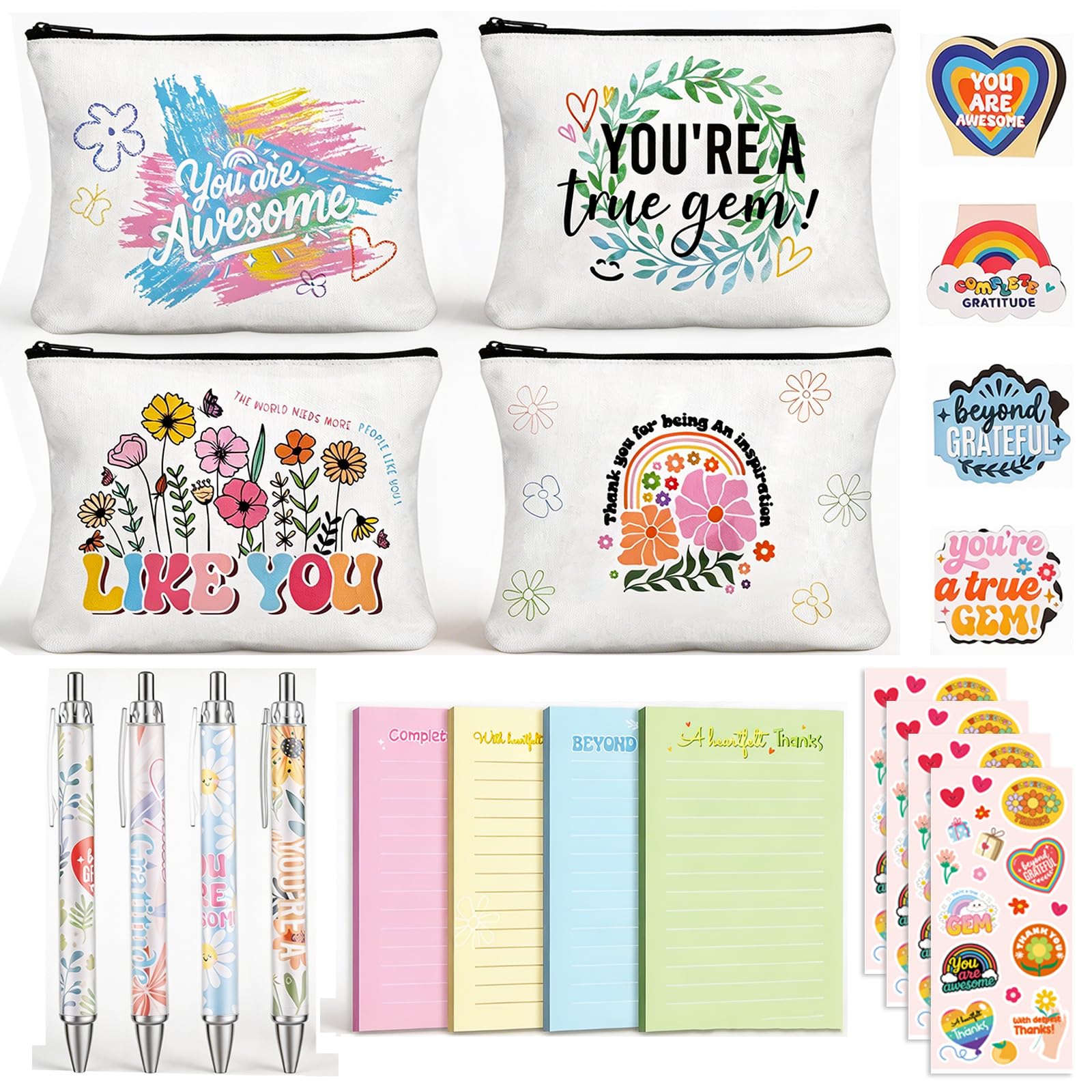 Thank You Teacher Appreciation Gifts in Bulk, Back To School Supplies | 4 Cute Sets:Makeup Bag/Pen/Notepad/Bookmark/Sticker, First Day Of School Office Classroom Essentials For Students Women Girls