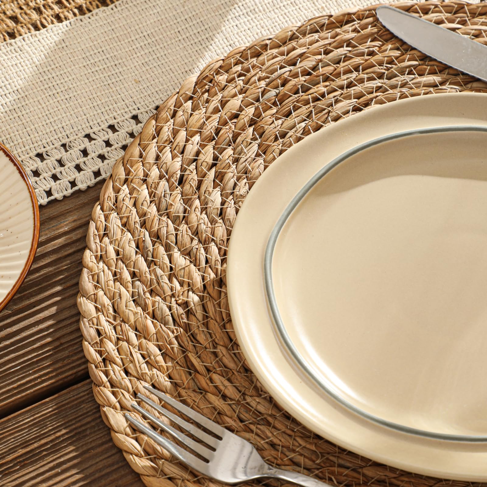 13.5'' Round Woven Placemats Set of 12, Boho Rattan Chargers for Dinner Plates, Rustic Wicker Place Mats, Straw Braided Table Placemats, for Dining Table, Thanksgiving, Fall, Farmhouse, and Christmas