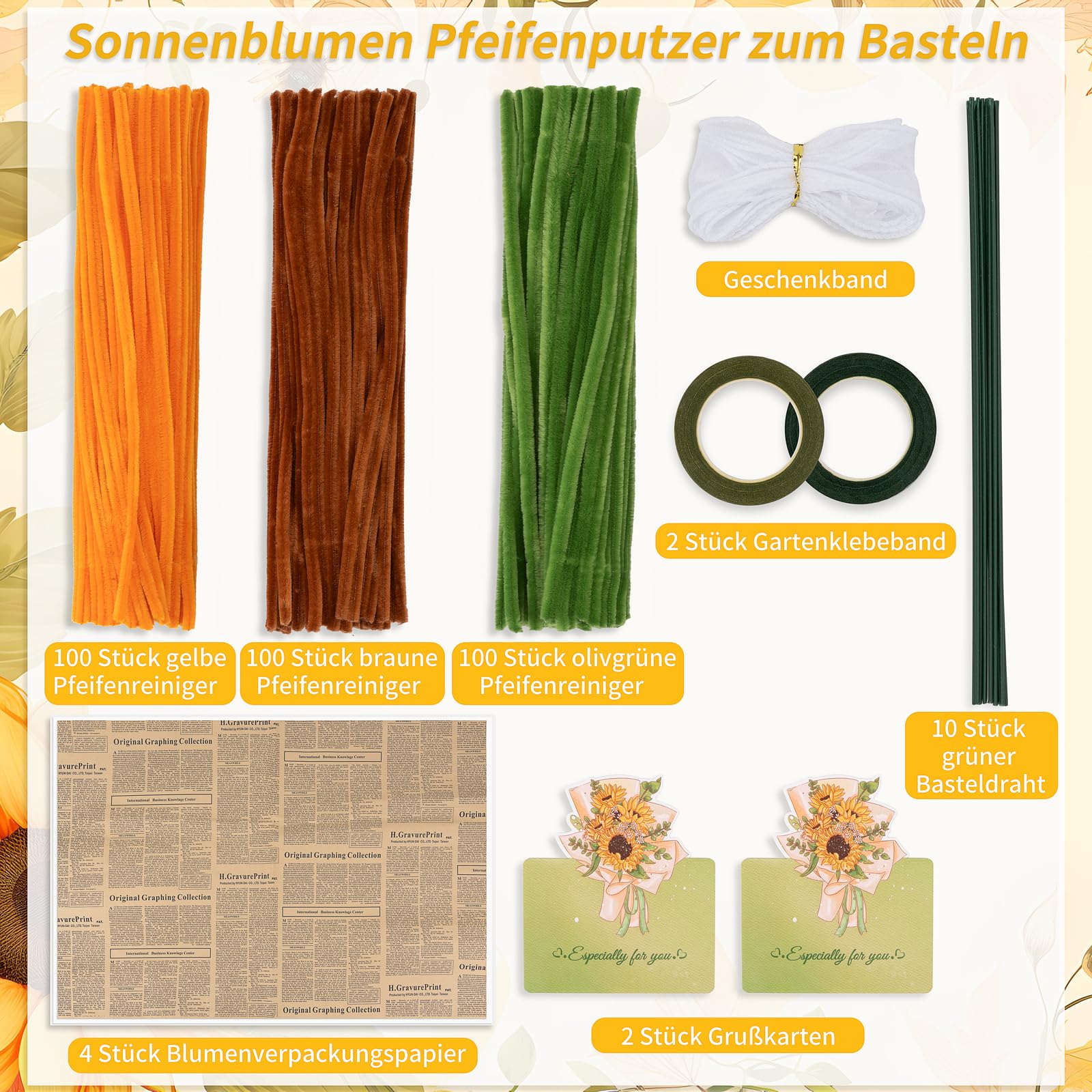 set di 300 fili di ciniglia per lavori manuali a forma di girasole - Con 20 steli, nastro e nastro adesivo - Per mazzi di fiori fai da te e progetti artigianali. Regali per le donne per la