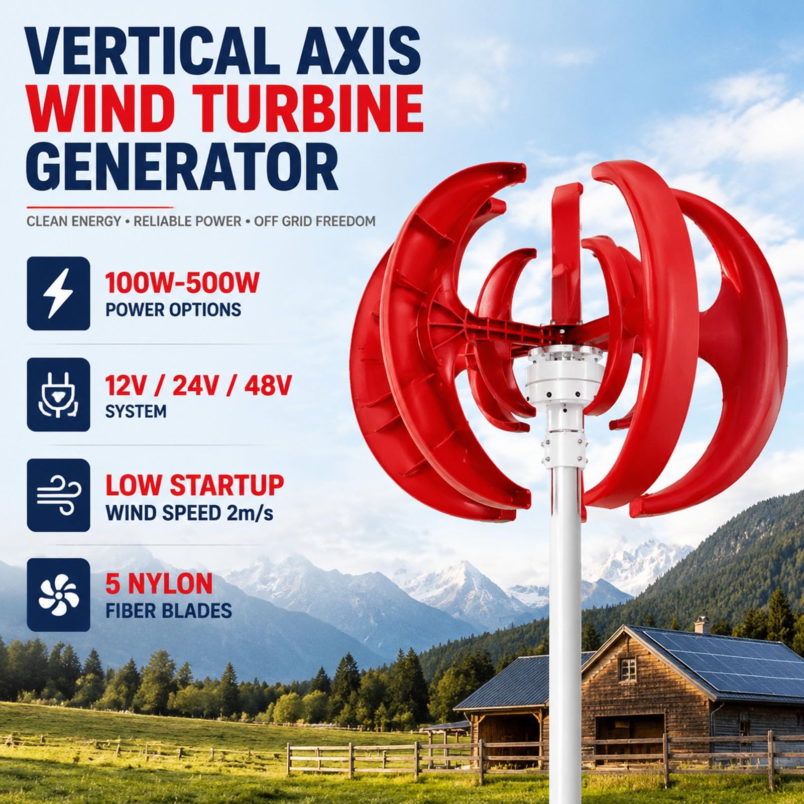 Generator Energii Wiatru,500W z Nylonowymi Łopatami i IP54