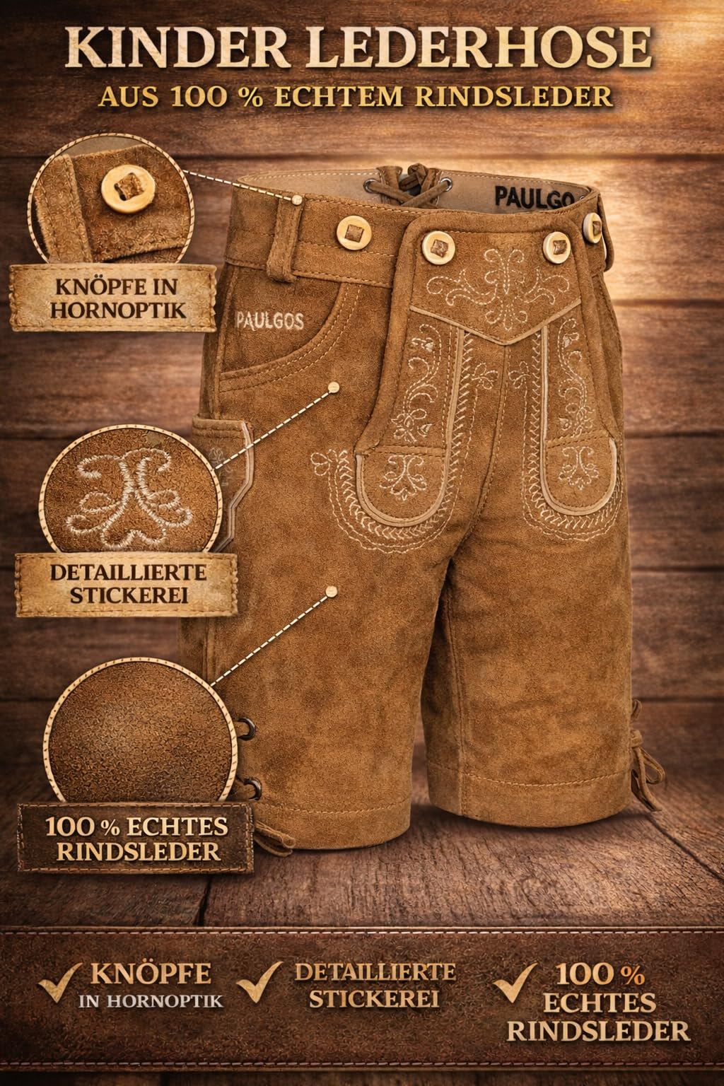 PAULGOS Kinder Trachten Lederhose KK1 + Träger, Echtes Leder, Gr. 86-164