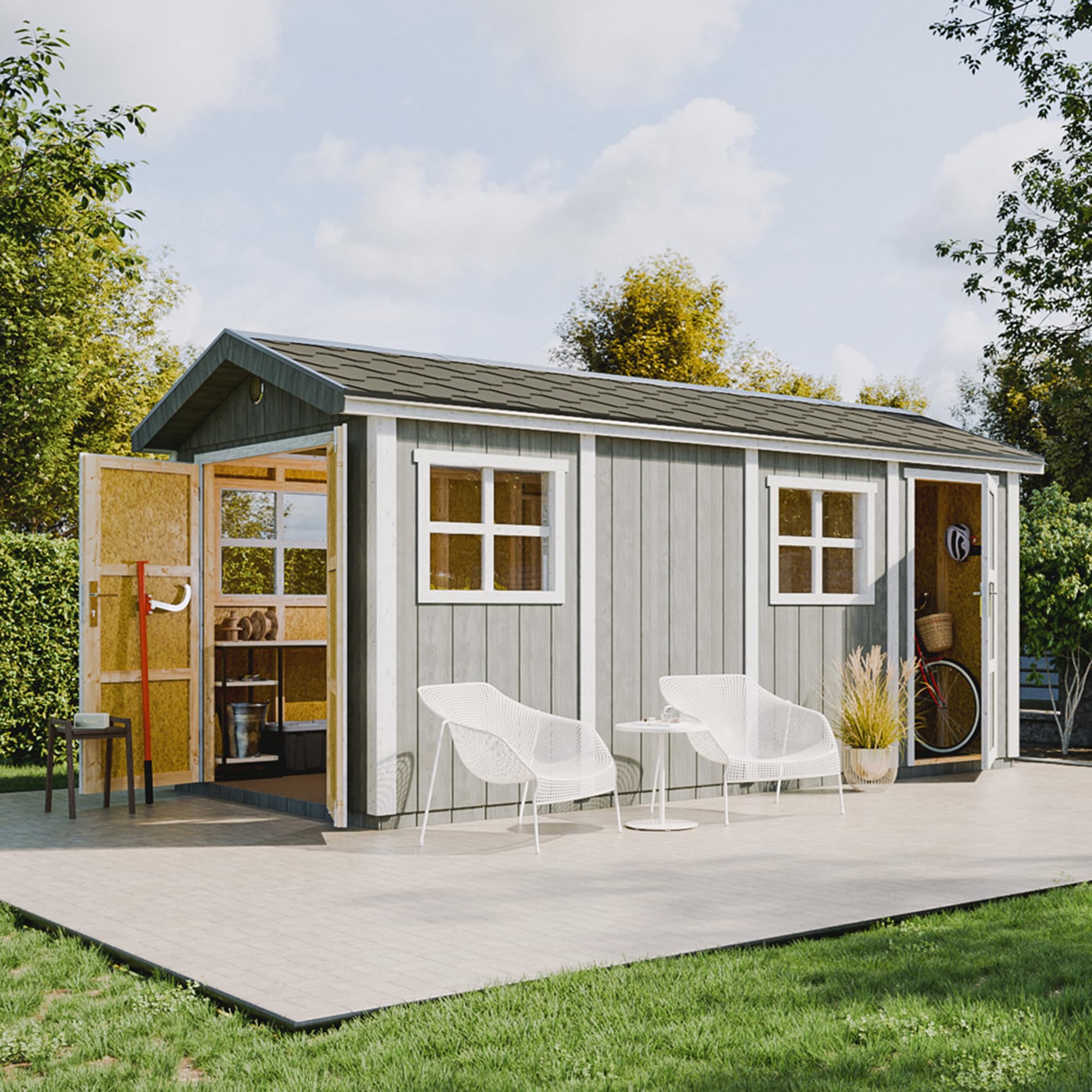 Domek ogrodowy najwyższej jakości 11,47 m² - H252x250x530 cm - Konstrukcja z paneli LP Smartside - Z podłogą i gonty bitumiczne - Timbela M915C-REDWOOD RED