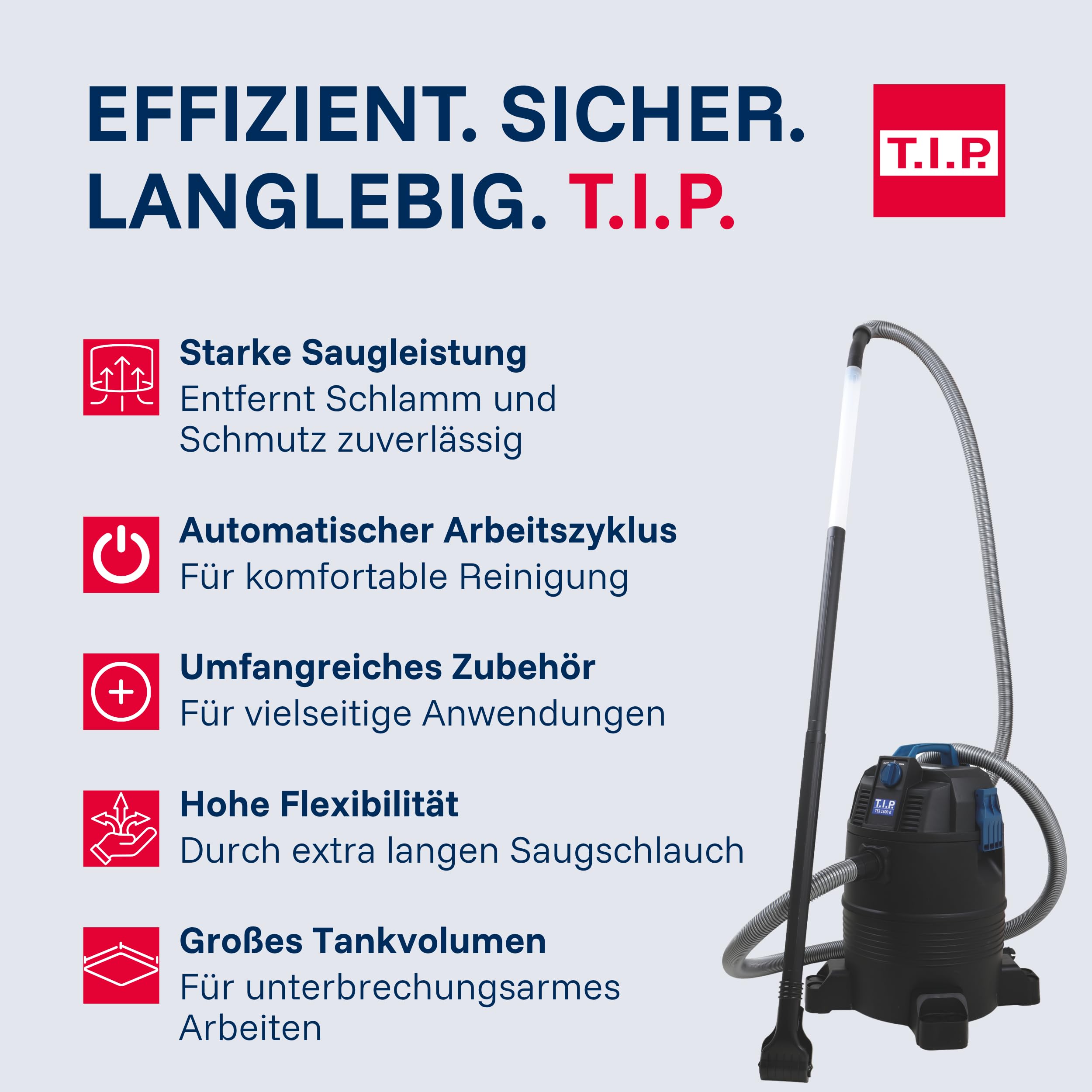 T.I.P. Teichschlammsauger - Poolsauger (Tankvolumen 30 l, Saugrohr 2m – vierteilig – 2X transparent, Flachdüse für Teichschlamm, Grobfilter und Schmutzauffangsack, Rückschlagkappe) TSS 1600 K, 30519