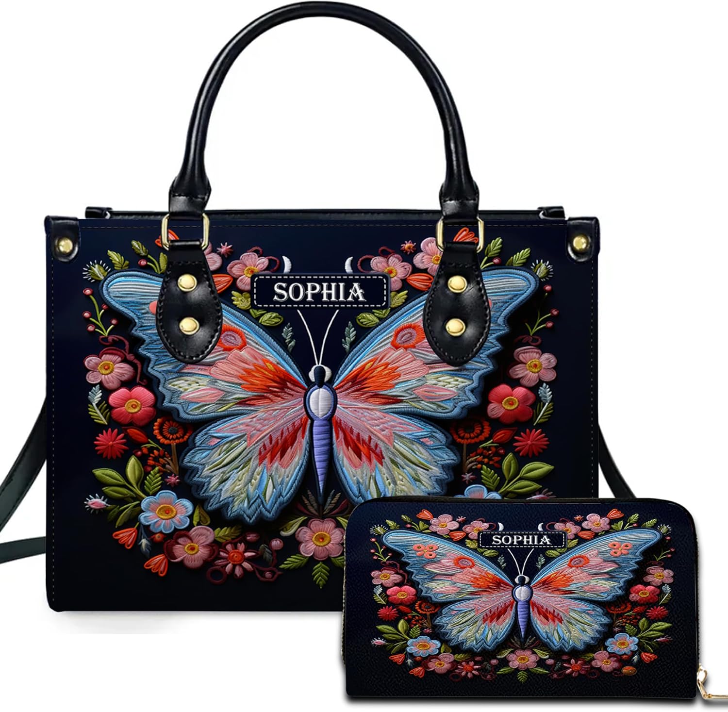 Personalized Butterfly Leather Handbag – Custom Floral Firefly 2D Printed Bag with 3D Engraved Effect, Elegant Gift for Mom