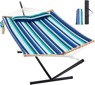 Homgava Two Person Hammock with Stand for Outside Heavy Duty, Outdoor Patio Hammock with Portable Steel Stand, Large Double Hammocks,480lbs Capacity.Blue Stripes