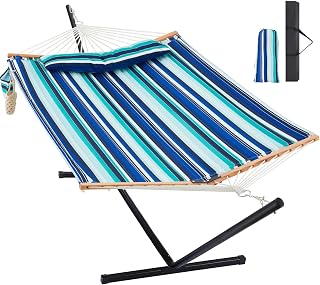 Homgava Two Person Hammock with Stand for Outside, Blue Stripes
