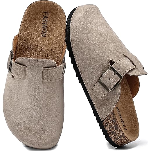 XTJSCBDSH Kids Suede Clogs with Cork Footbed, Toddler Boys Girls Sandals, Adjustable Buckle Slip-On Slippers, Arch Support Mules for Indoor Outdoor