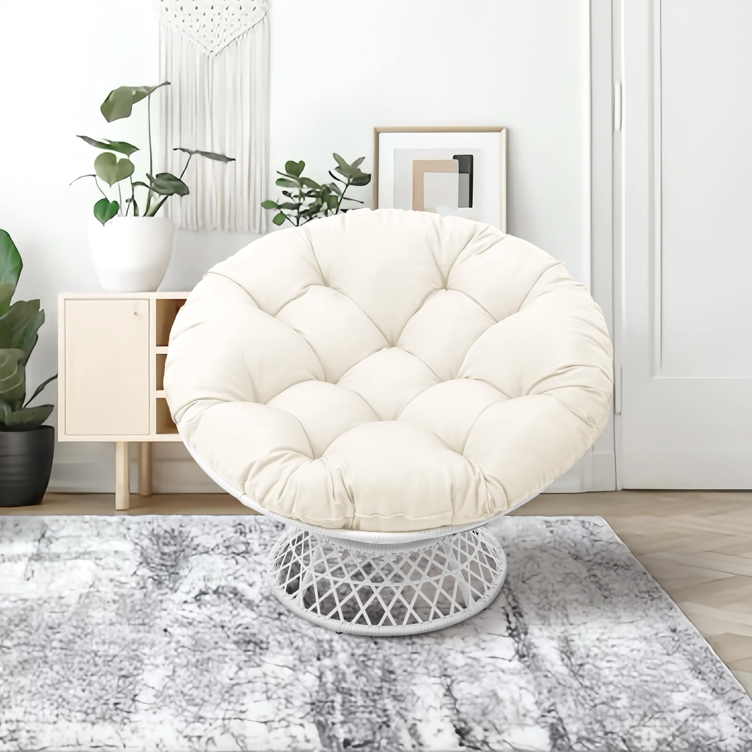 Hubhalsun 360° Swivel Papasan Chair - 350lbs Capacity Indoor/Outdoor Wicker Lounge Chair with Thick Cushion, Modern Accent Chair for Living Room,