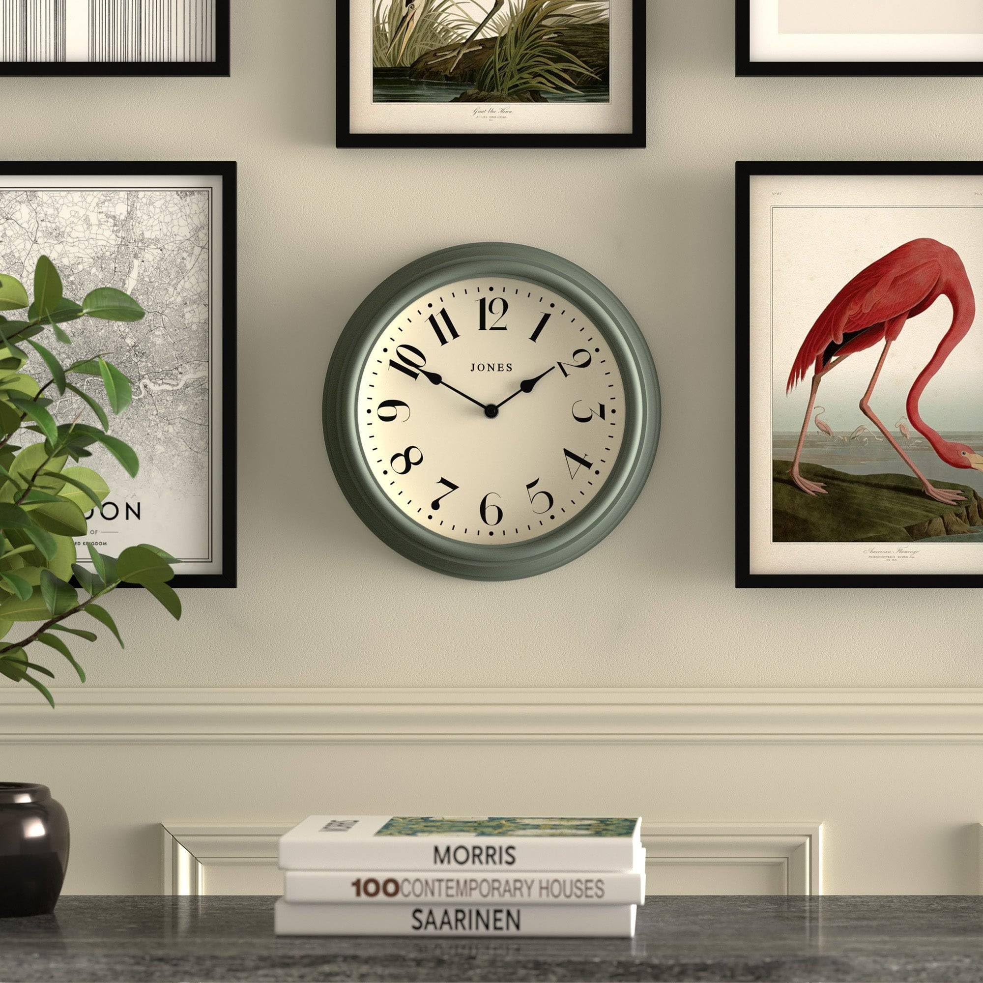 JONES CLOCKS® Serenity Reloj de Pared | Reloj Redondo clásico | 30cm | Verde | Bonitos números arábigos | Diseño Decorativo Ideal para Cocina, salón o Dormitorio