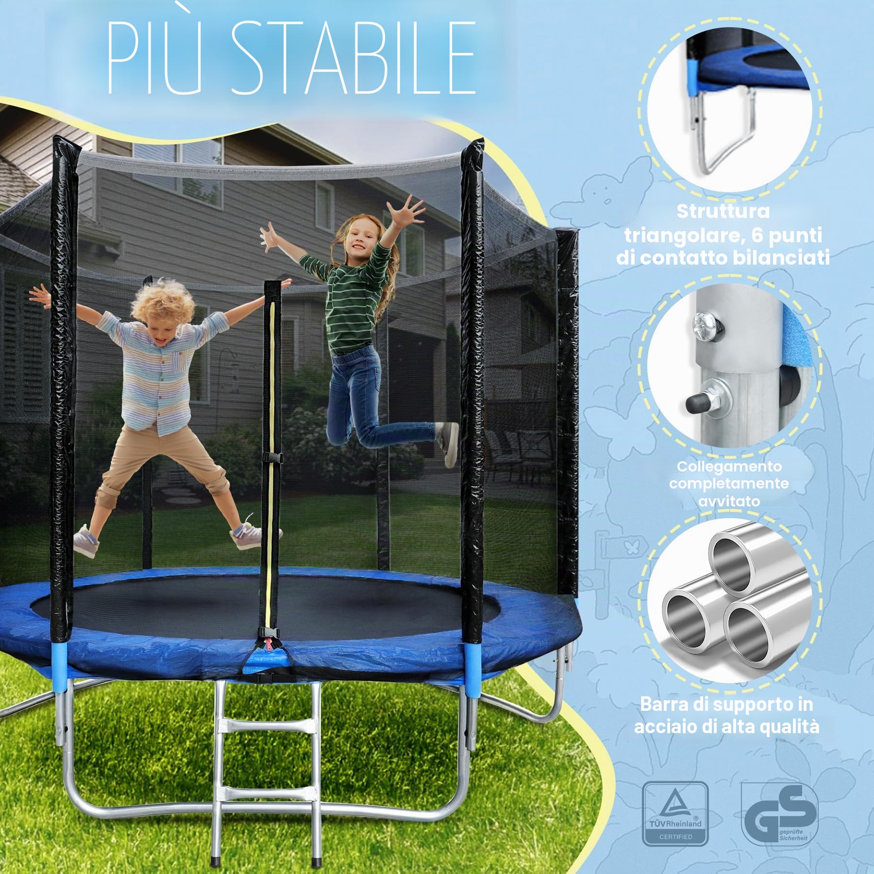 Trampolino da giardino con rete di sicurezza, certificato TÜV GS, per esterni, con scala combinata, impermeabile, resistente ai raggi UV, regalo per bambini e famiglie
