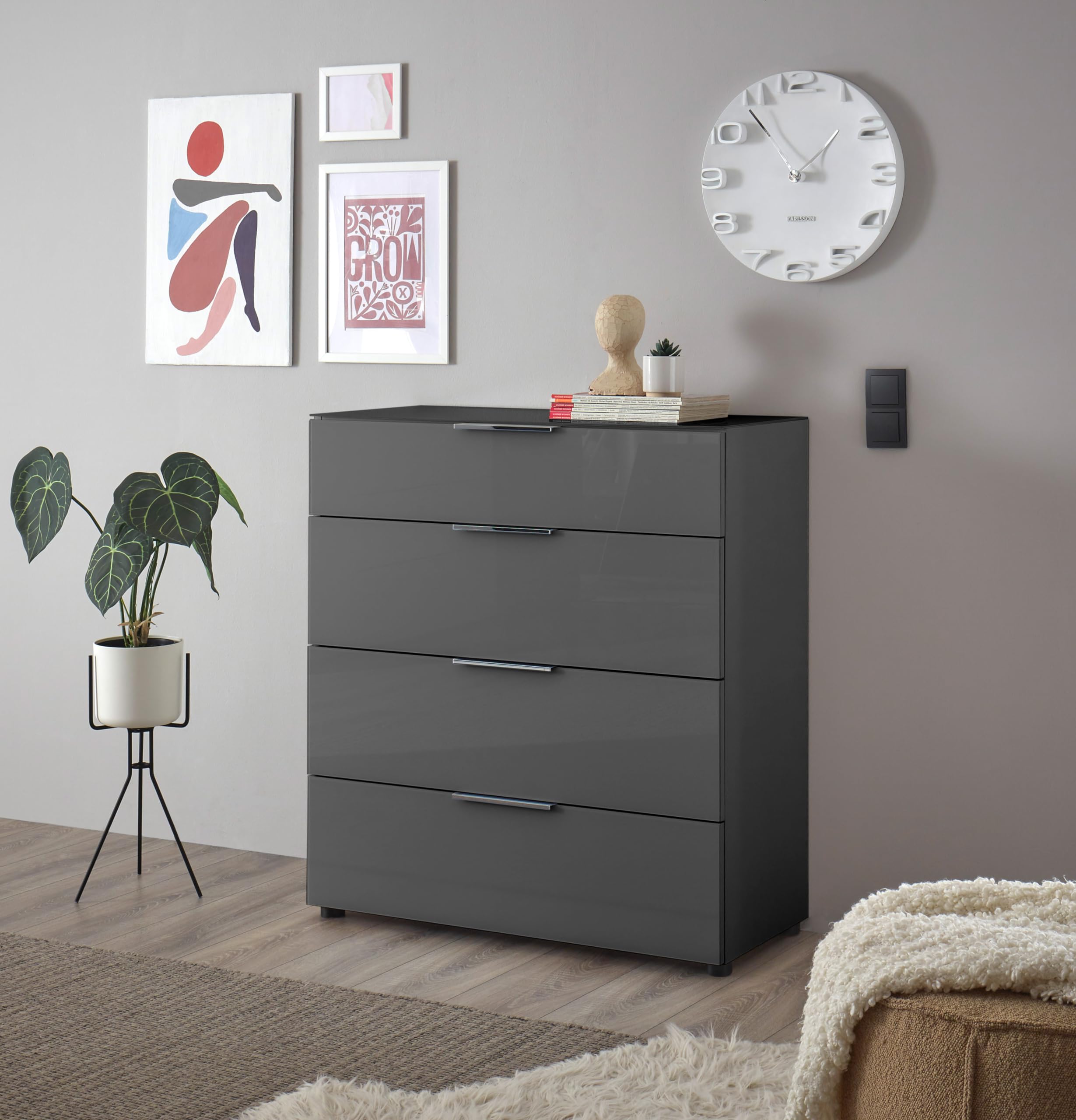 Stella Trading Comò SANTORIN 90 Cm – Antracite Con Frontali In Vetro – 4 Cassetti E Anta – Design Moderno
