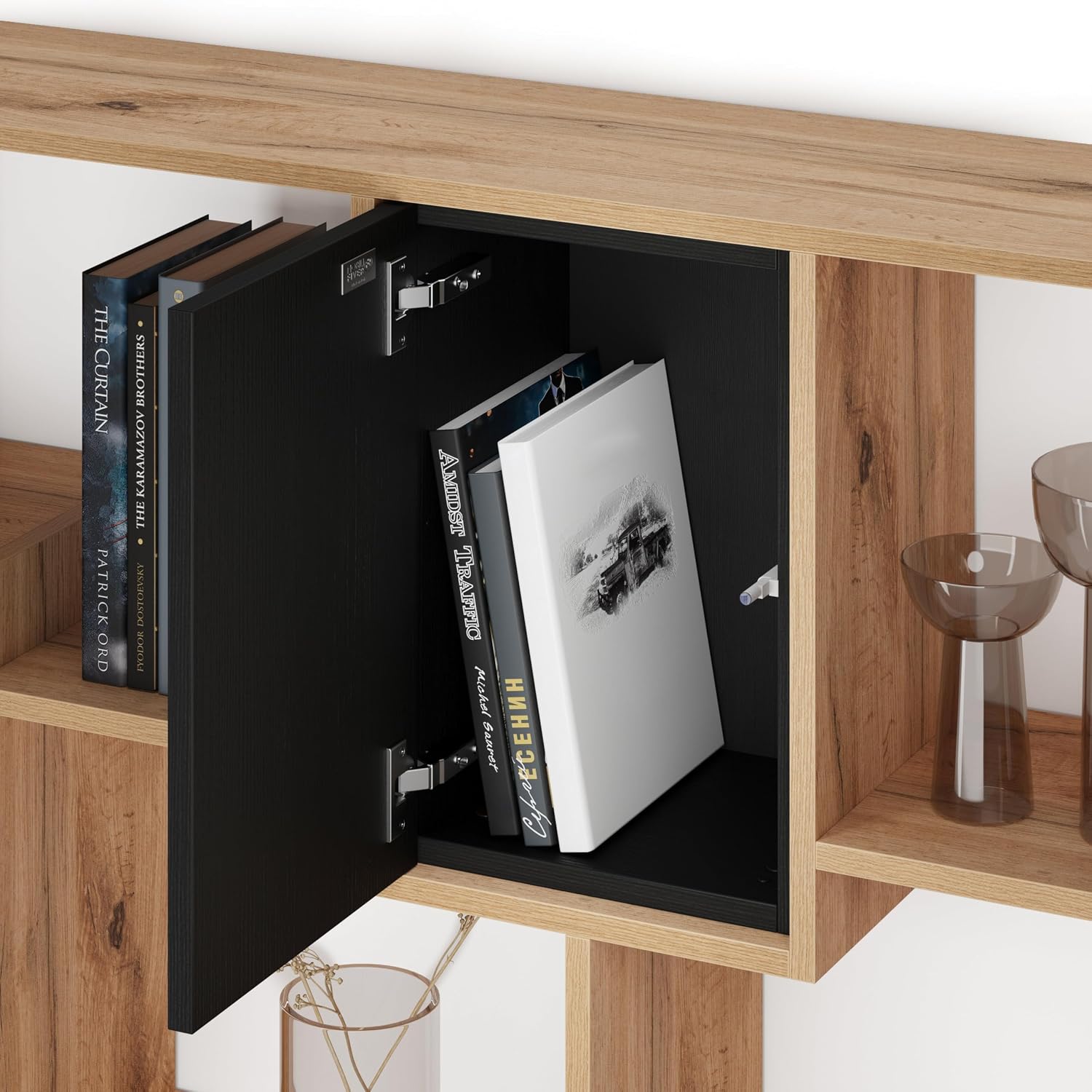 Mobili Fiver, Iacopo S Bookcase Rustic Oak with Ashwood Black Doors (63.3 x 62.3 in), Made in Italy