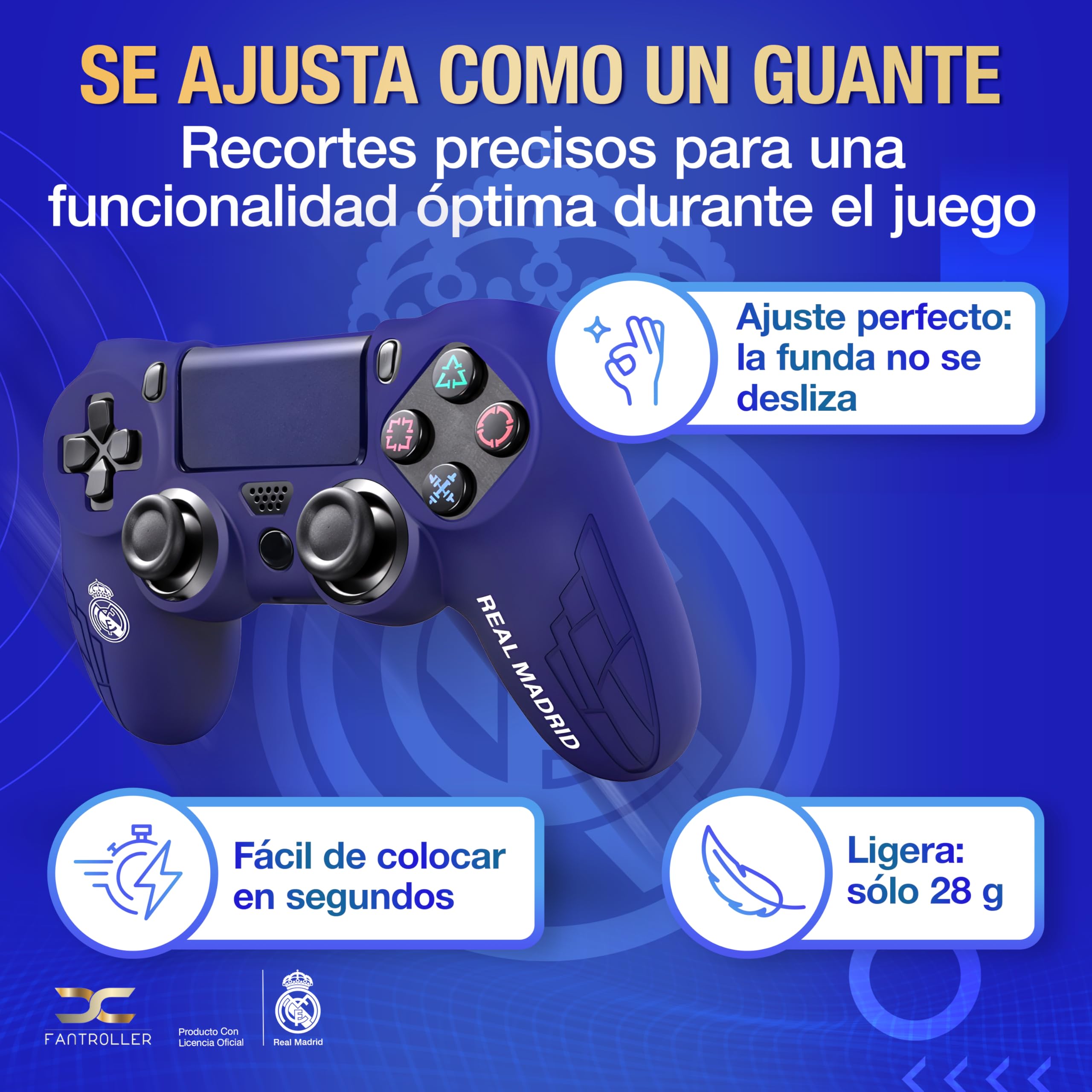 Funda para controlador PS4 con diseño oficial del Real Madrid para máxima protección y agarre | Funda para controlador PS4 disponible en azul y blanco