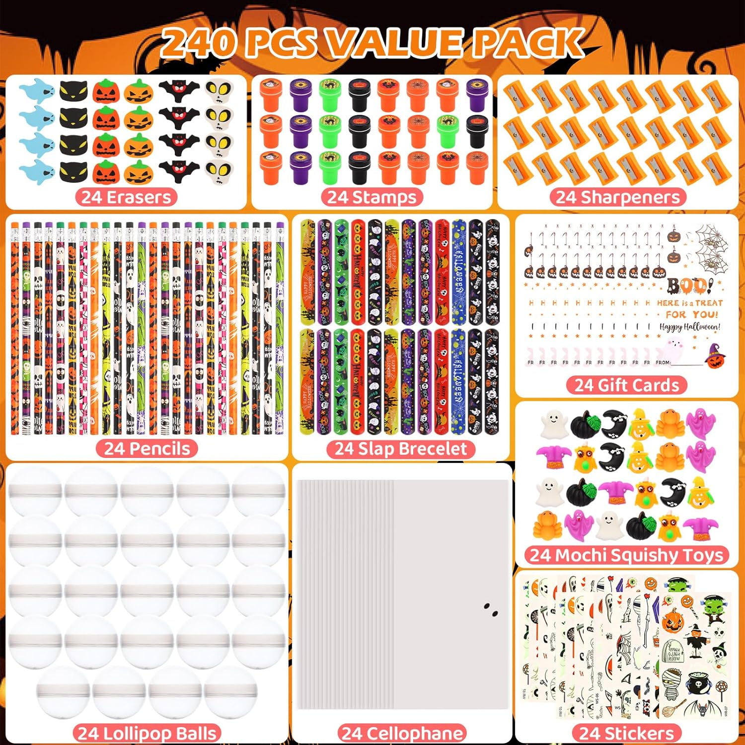 LiYiQ 24Pack Halloween Party Favors, Halloween Classroom Gifts Giant Lollipop Gifts for Birthday Party with Gift Cards, Pencils, Erasers, Stickers, Sharpener for Classroom Exchange Party Gift