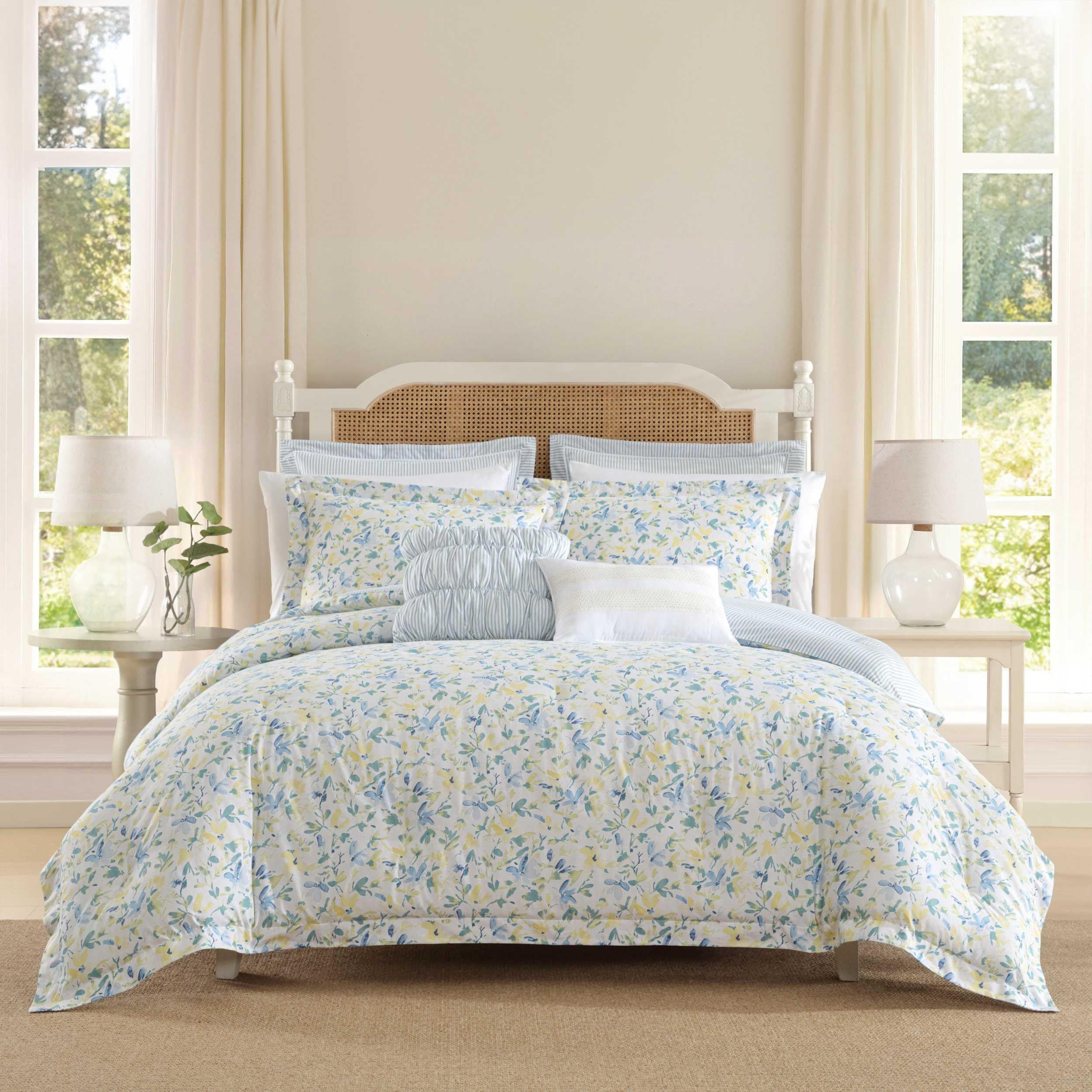 Comforter, Soft Reversible Bedding Set, Includes Matching Bonus Euro Shams & Throw Pillows, Queen, Nora Blue/Yellow/Green/White