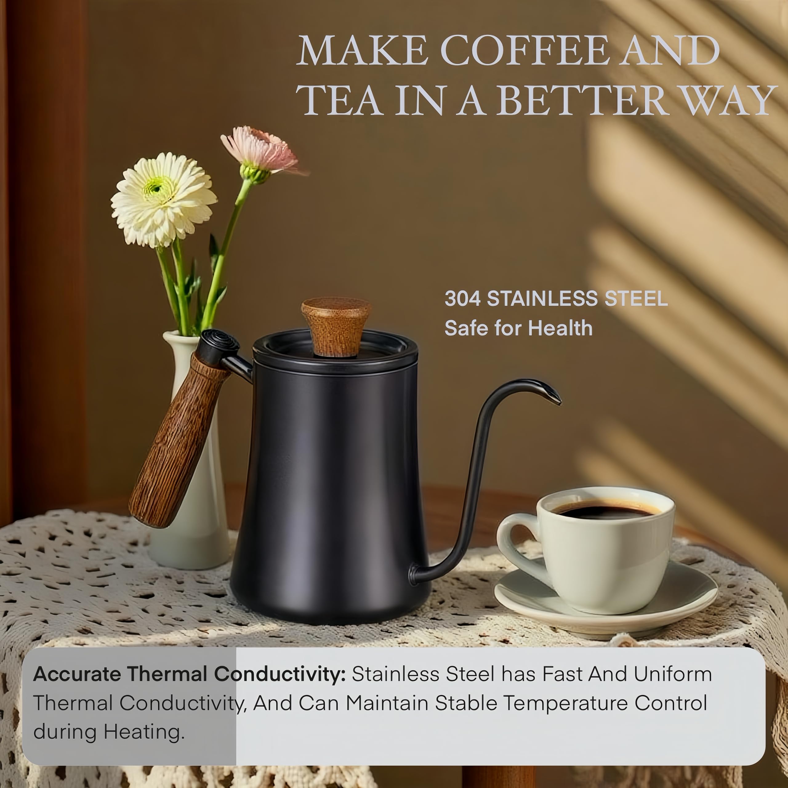 Gocoffun Pour Over Kaffeekessel – Schwanenhals-Wasserkocher 550 Ml Mit Thermometer & Holzgriff – Edelstahl Handtropfkessel Für Perfekten Filterkaffee