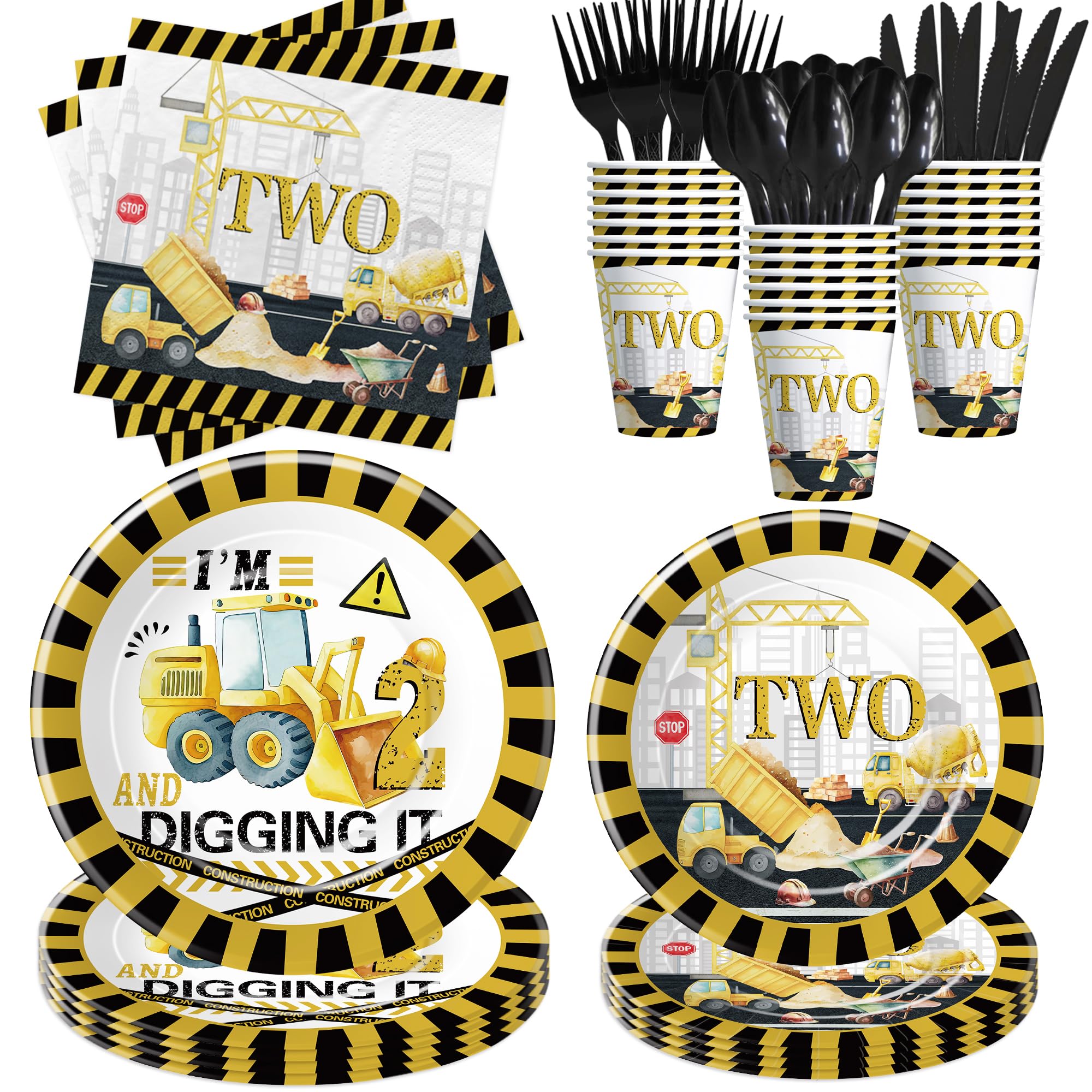 Xenorik Construction 2nd Birthday Party Supplies - Excavator Dump Truck Construction Two-Year-Old Birthday Decorations Tableware, Paper Plate, Cup,