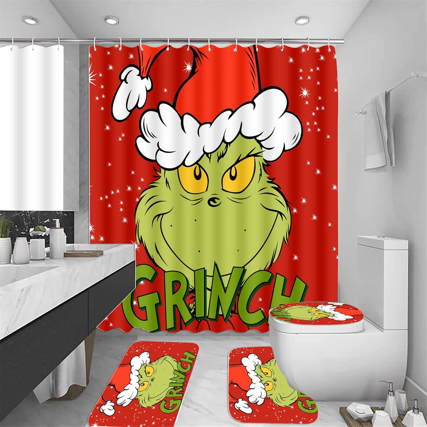 Frsecvion 4 Pcs Merry Christmas Bathroom Set with Shower