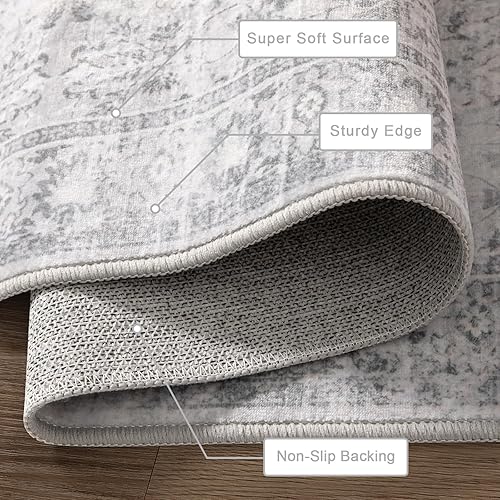 Miniatura 3 de LIVEBOX Alfombra redonda lavable de 4 pies, alfombra tradicional bohemia para dormitorio, alfombra retro ultrafina con estampado gris, alfombra